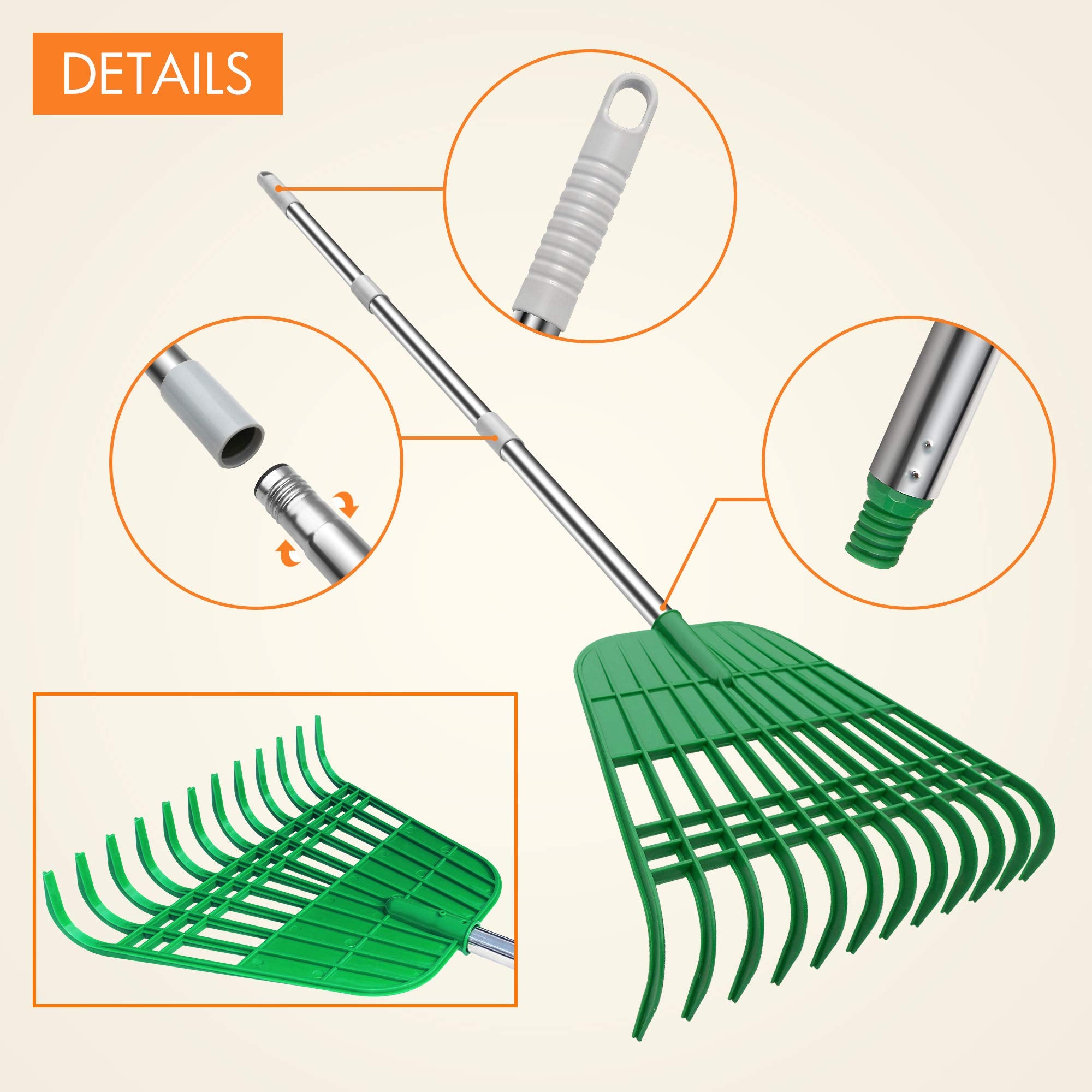 Gardzen 12-tine rake full-length view reaching under shrubs safely