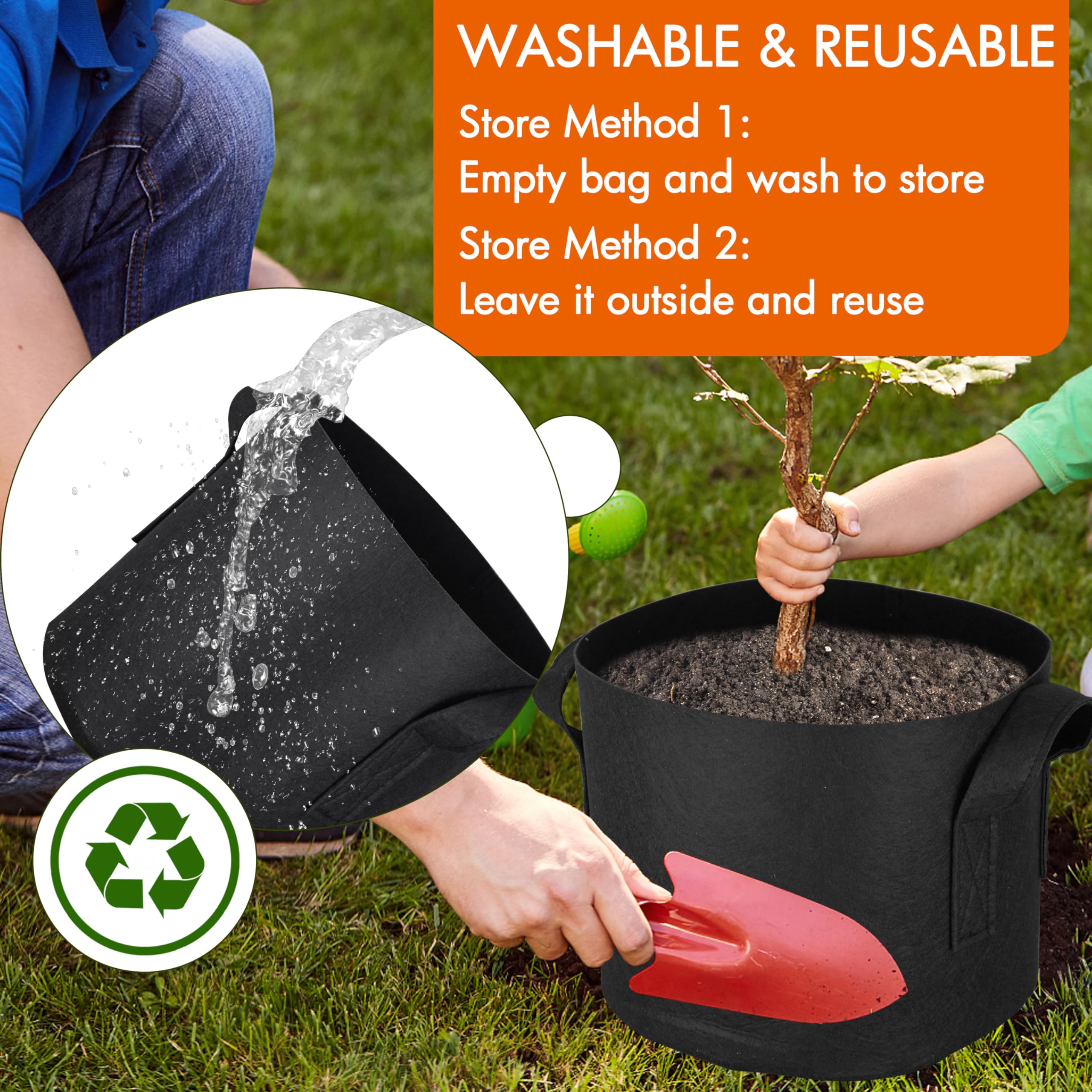 Gardzen folded grow bag stored neatly, highlights washable reusable convenience