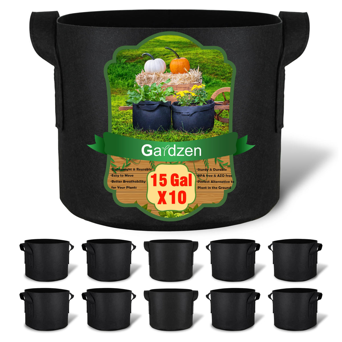 Gardzen front view of 10-pack fabric grow bags showing quantity and size benefit