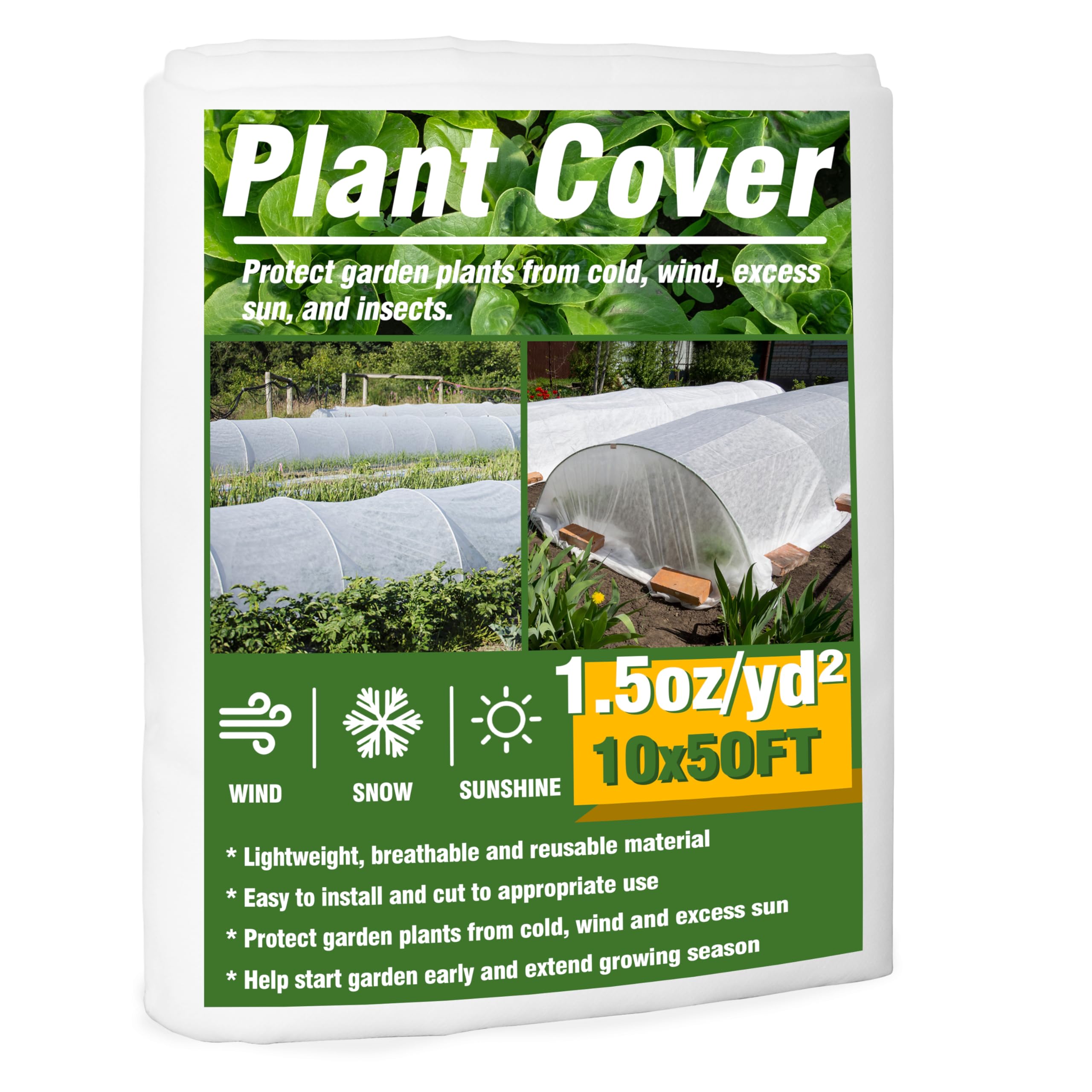 Gardzen front view of 10x50 ft cover showing product size and packaging benefits