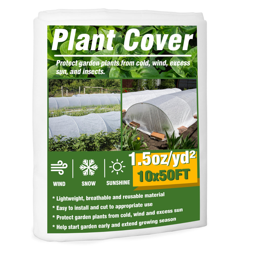 Gardzen front view of 10x50 ft cover showing product size and packaging benefits