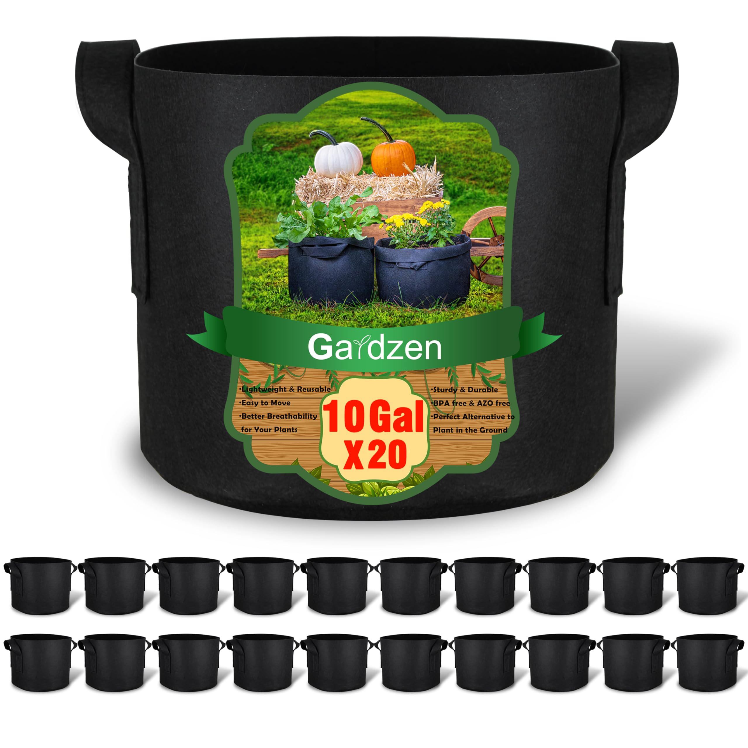 Gardzen front view of 20-pack grow bags showing bulk supply benefit