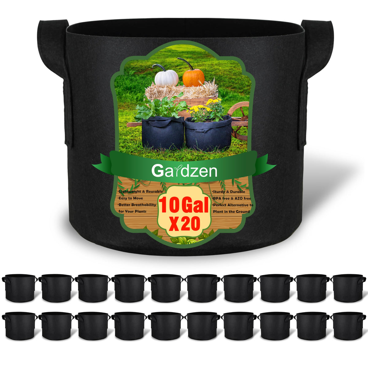 Gardzen front view of 20-pack grow bags showing bulk supply benefit