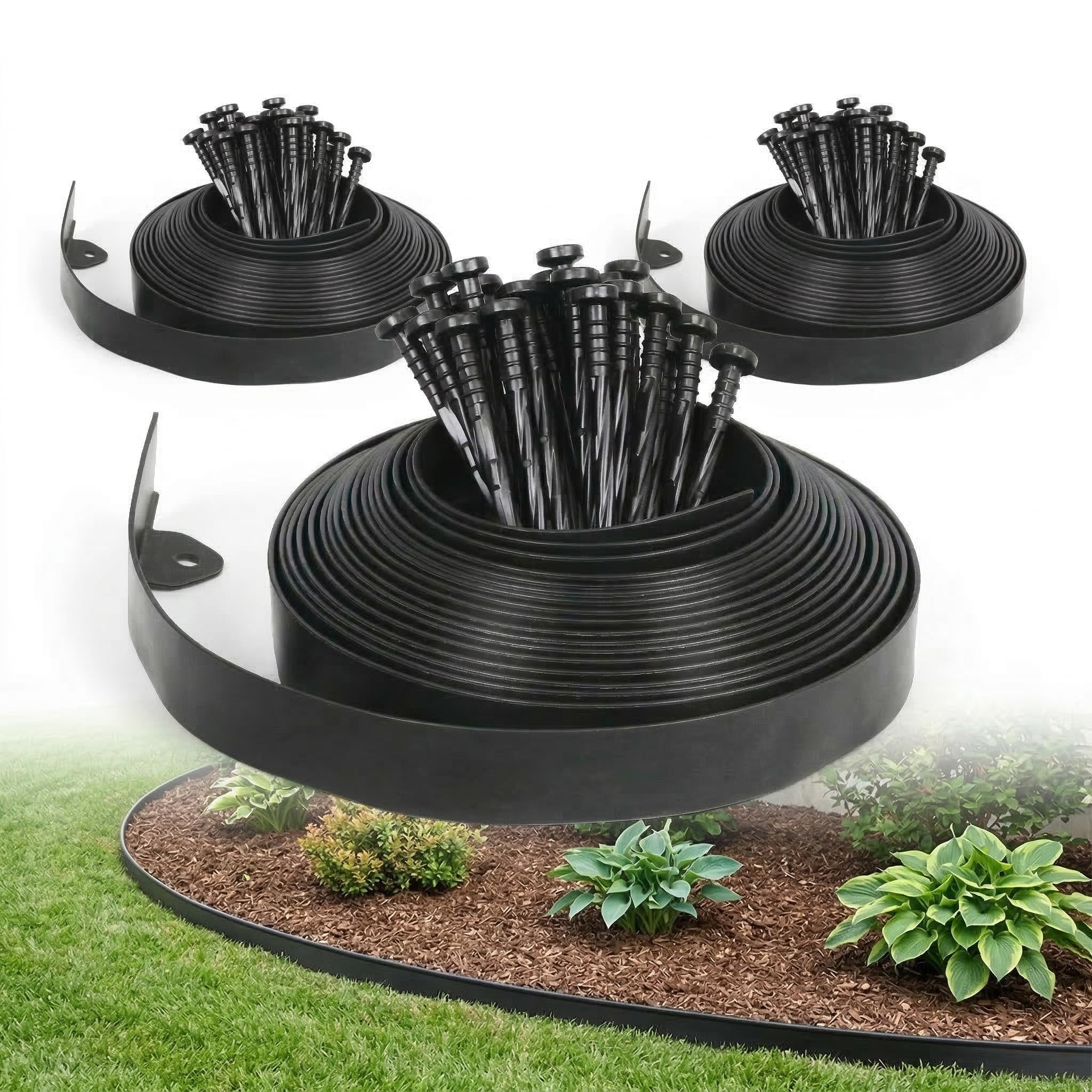 Gardzen front view of 100' edging kit showing compact roll and contents benefits