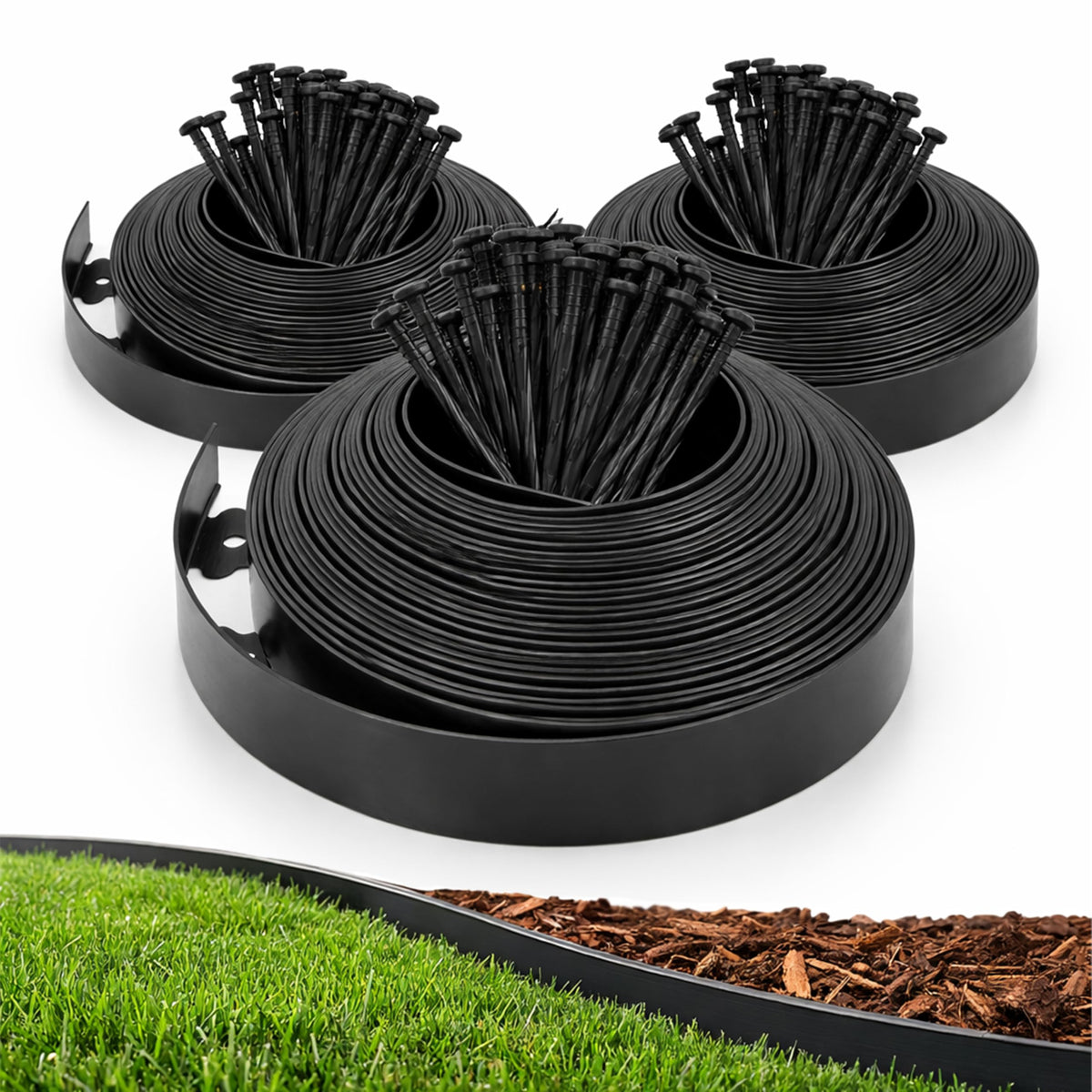 Gardzen front packaging showing complete 3-pack edging kit and spikes for quick setup