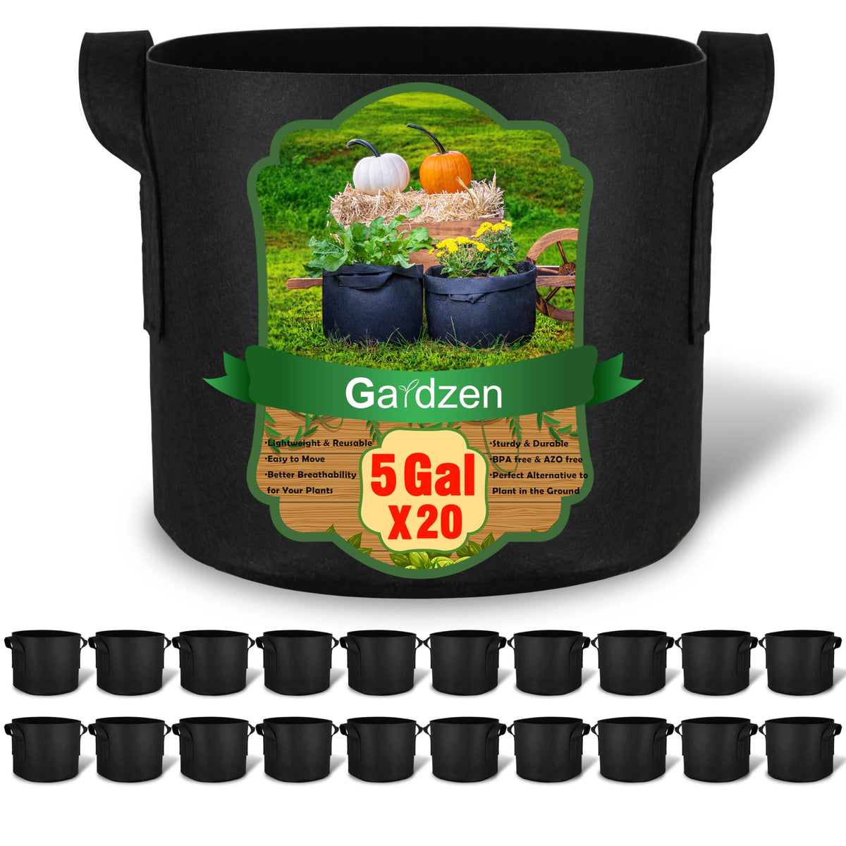 Gardzen front view of 5 gallon grow bag showing durable shape and capacity benefit