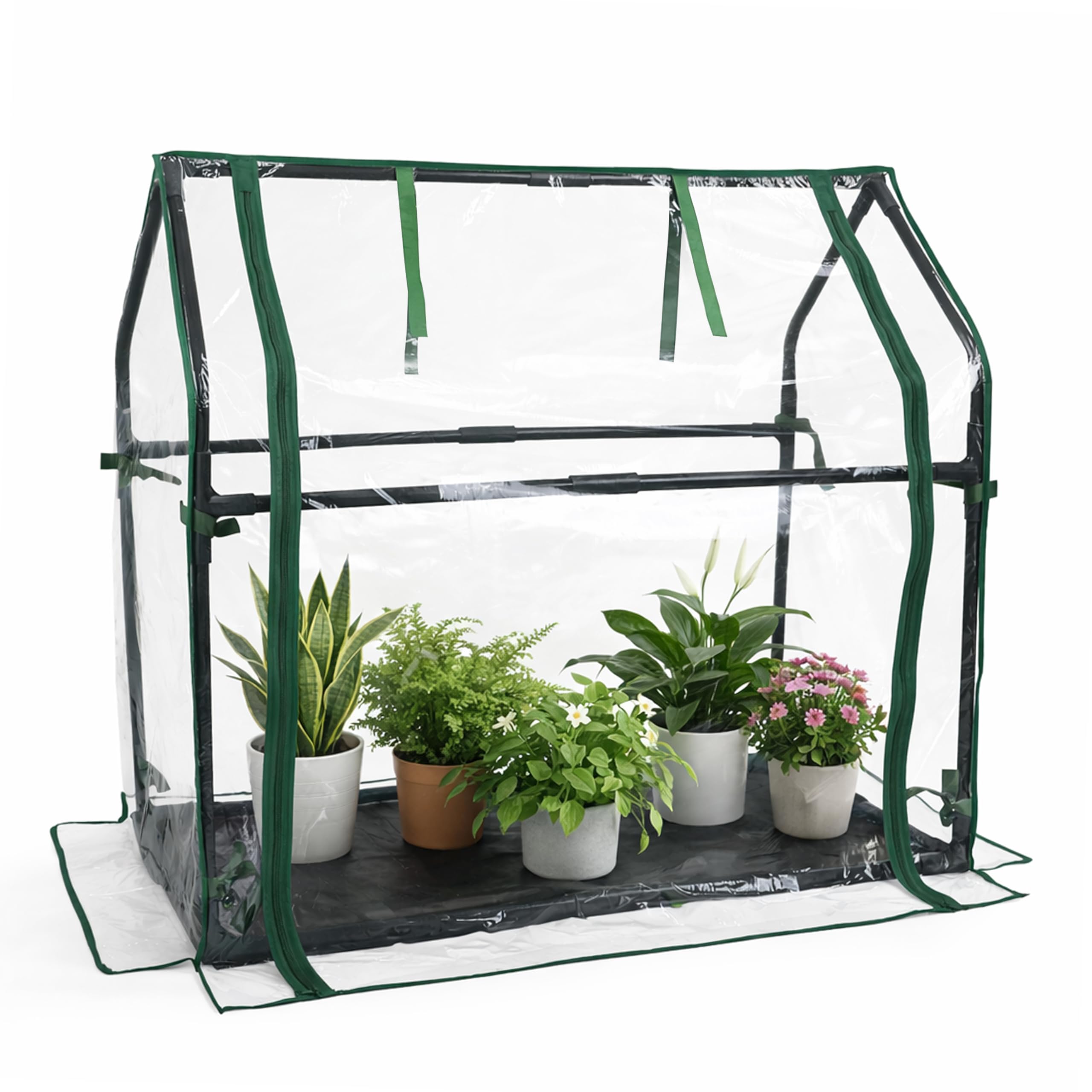 Gardzen front view of compact mini greenhouse showing organized plants and protection