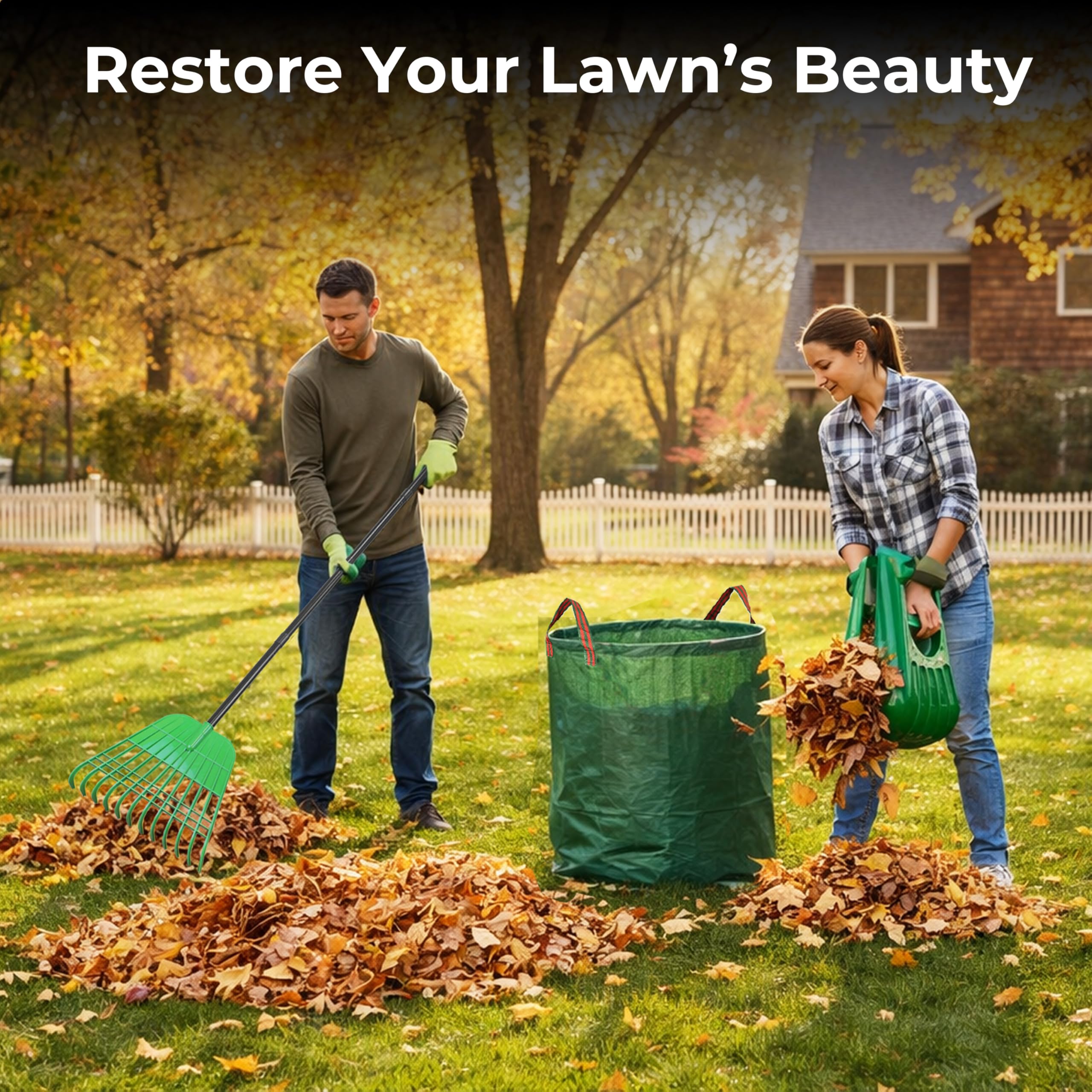 Gardzen gloves and scoops in use collecting leaves hands protected and work sped up