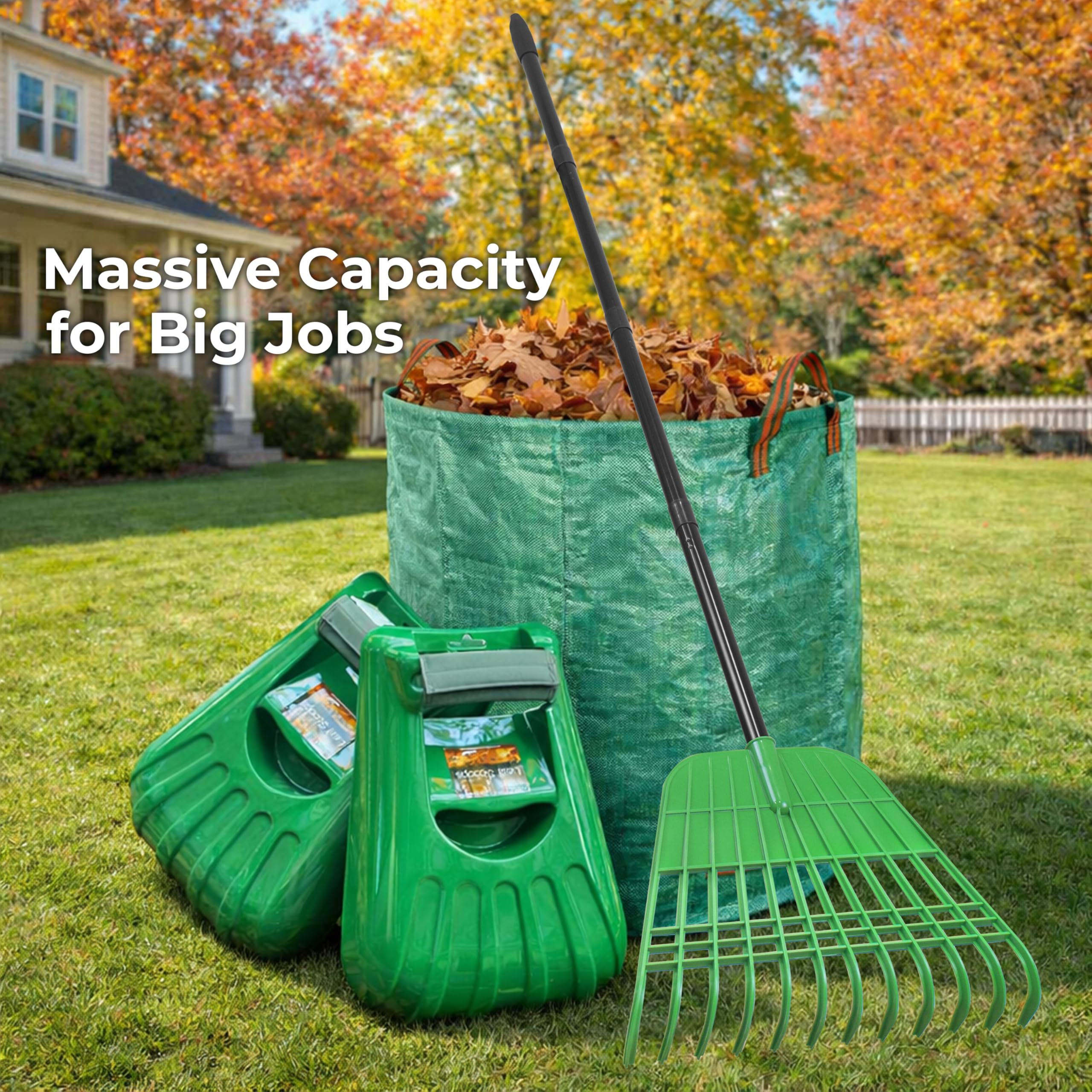 Gardzen lifestyle yard cleanup showing rake and scoops making outdoor tasks easier