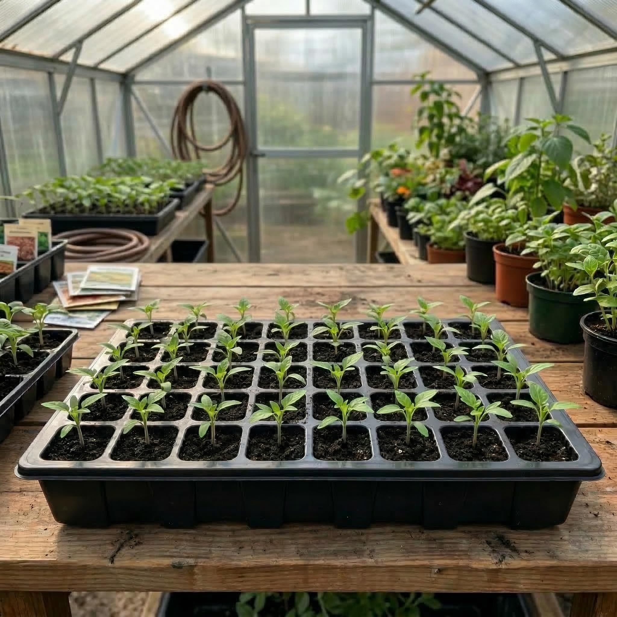 Gardzen scale comparison with hand holding tray showing compact 15x9 inch footprint benefit