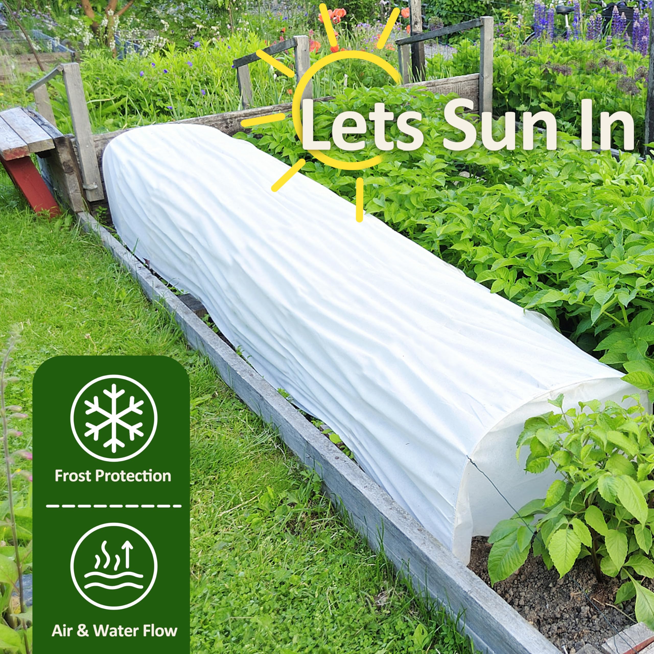 Gardzen cover shown next to hand and ruler illustrating 10x50 ft scale advantage
