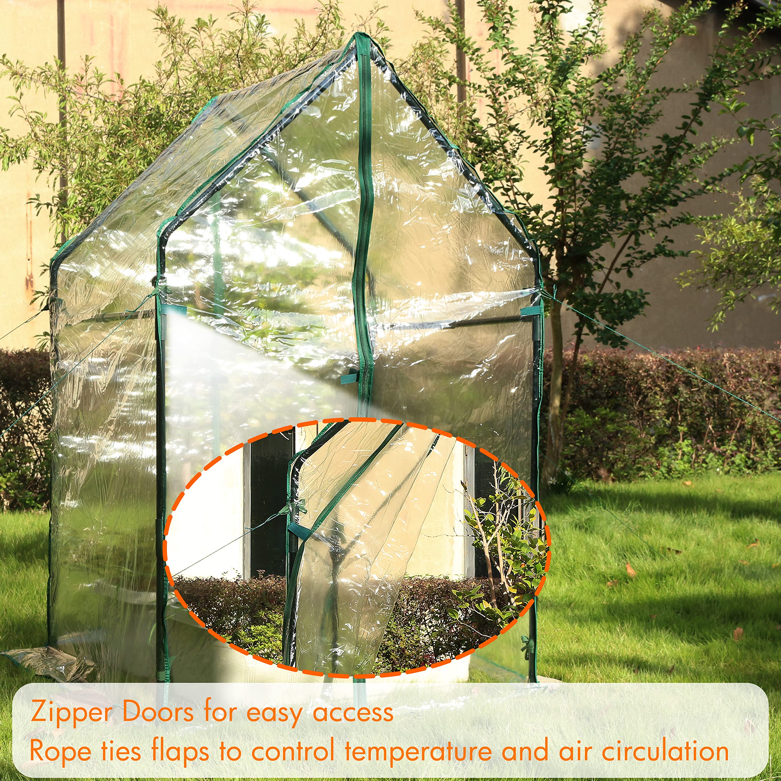 Gardzen zippered door rolled up with straps for easy access and ventilation