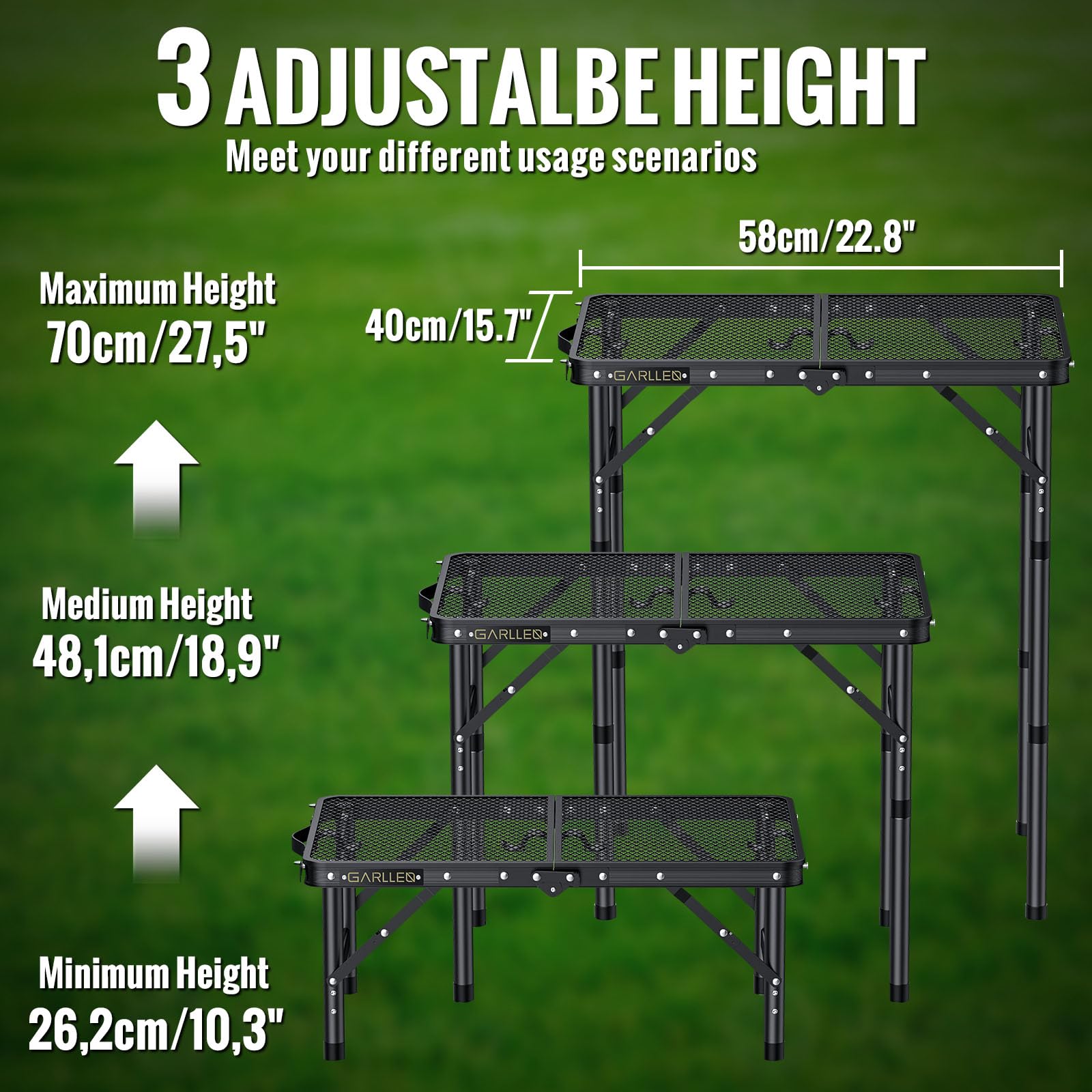 GARLLEN display of three adjustable heights enabling versatile seating benefit