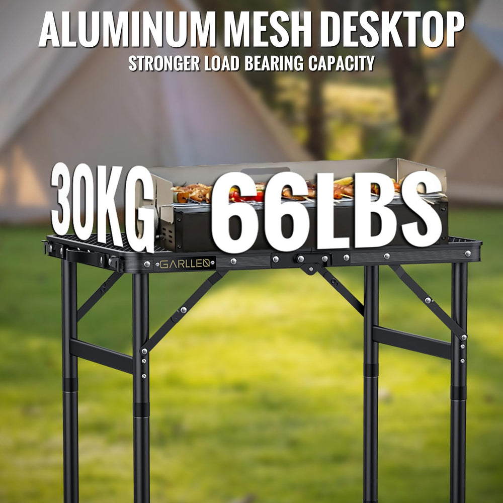 GARLLEN table used with camping chairs showing stable dining surface benefit