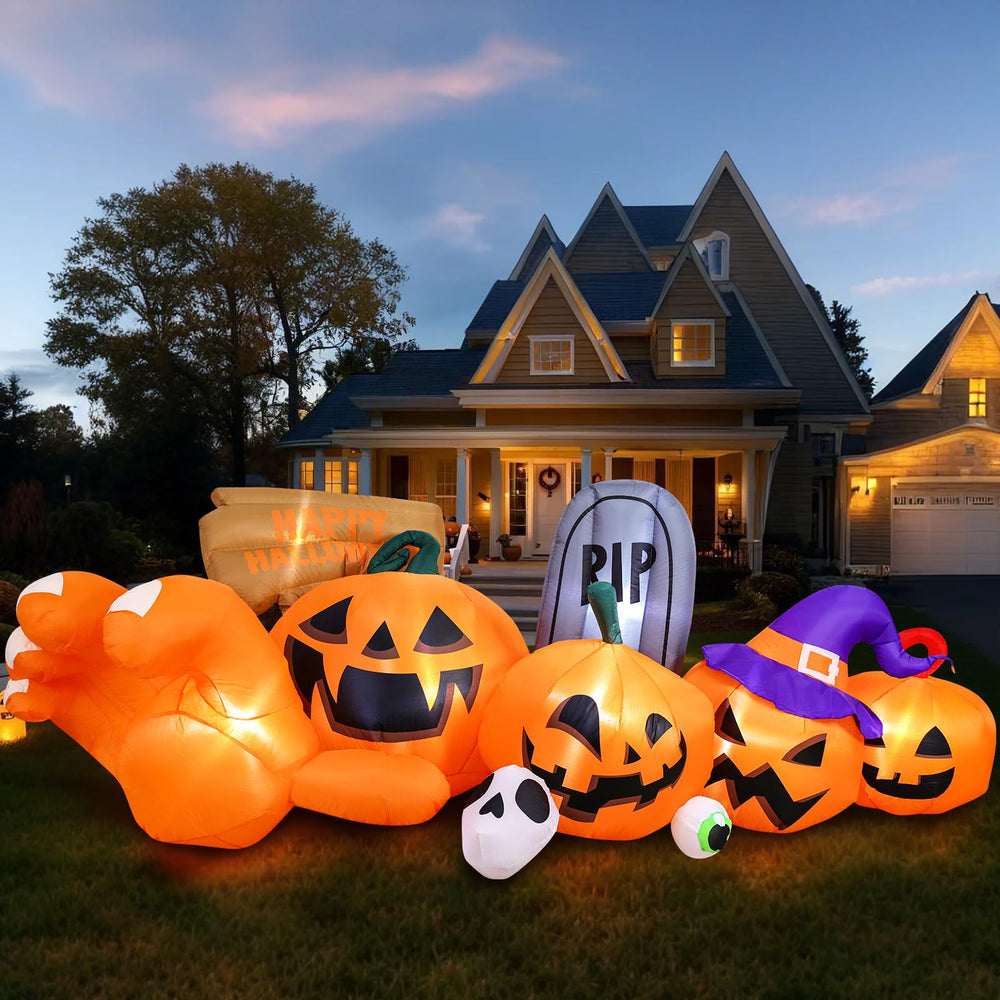 Garma front view showing pumpkin, gravestone and witch hat for dramatic curb appeal