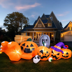 Garma front view showing pumpkin, gravestone and witch hat for dramatic curb appeal