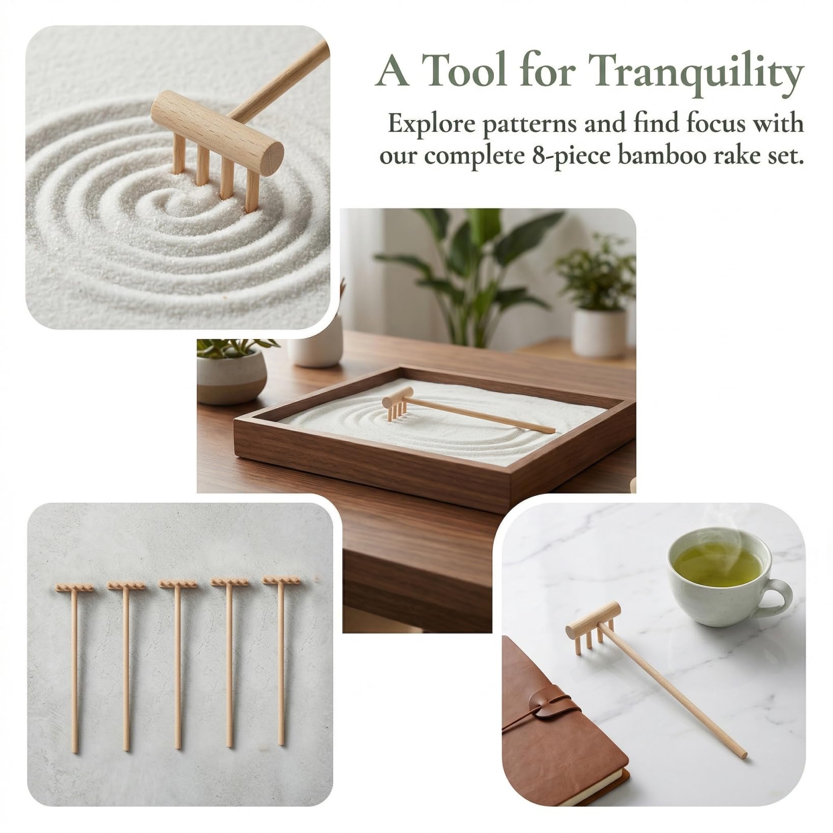 Garneck rakes staged on desk meditation scene for workspace calm