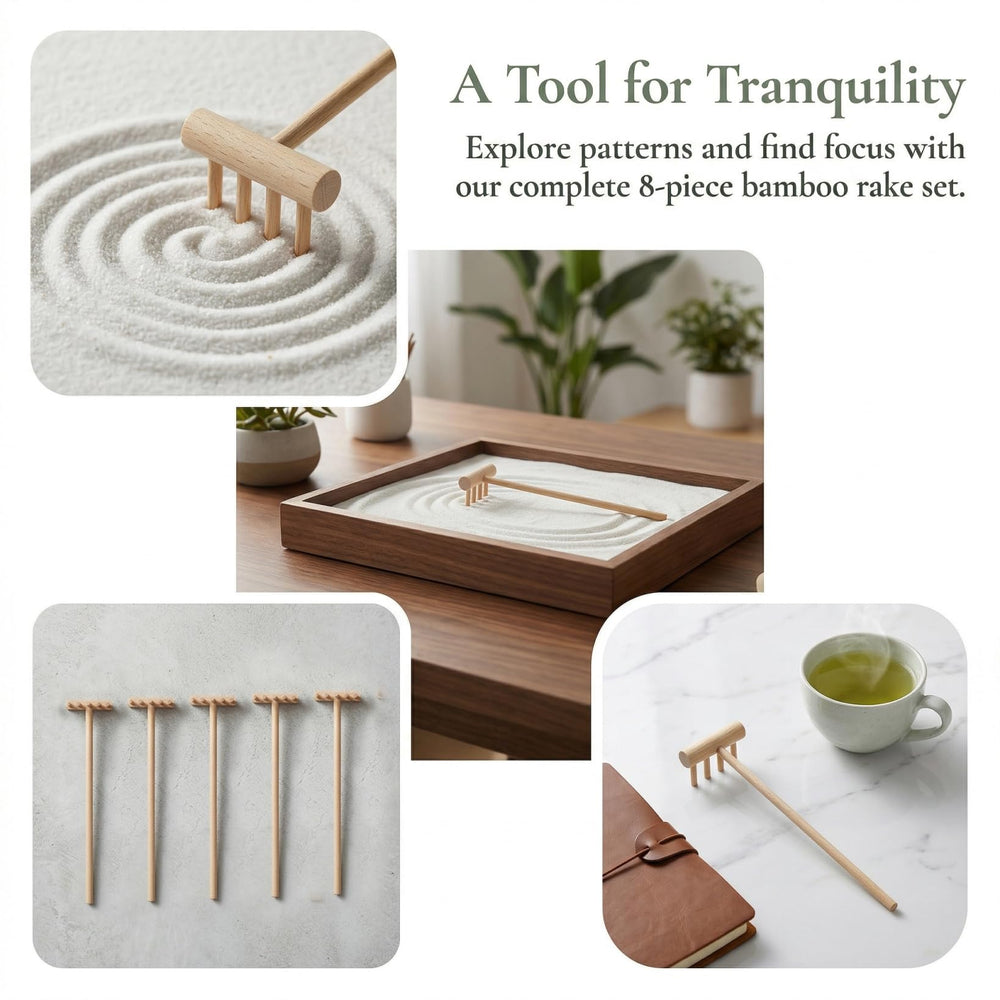 Garneck rakes staged on desk meditation scene for workspace calm