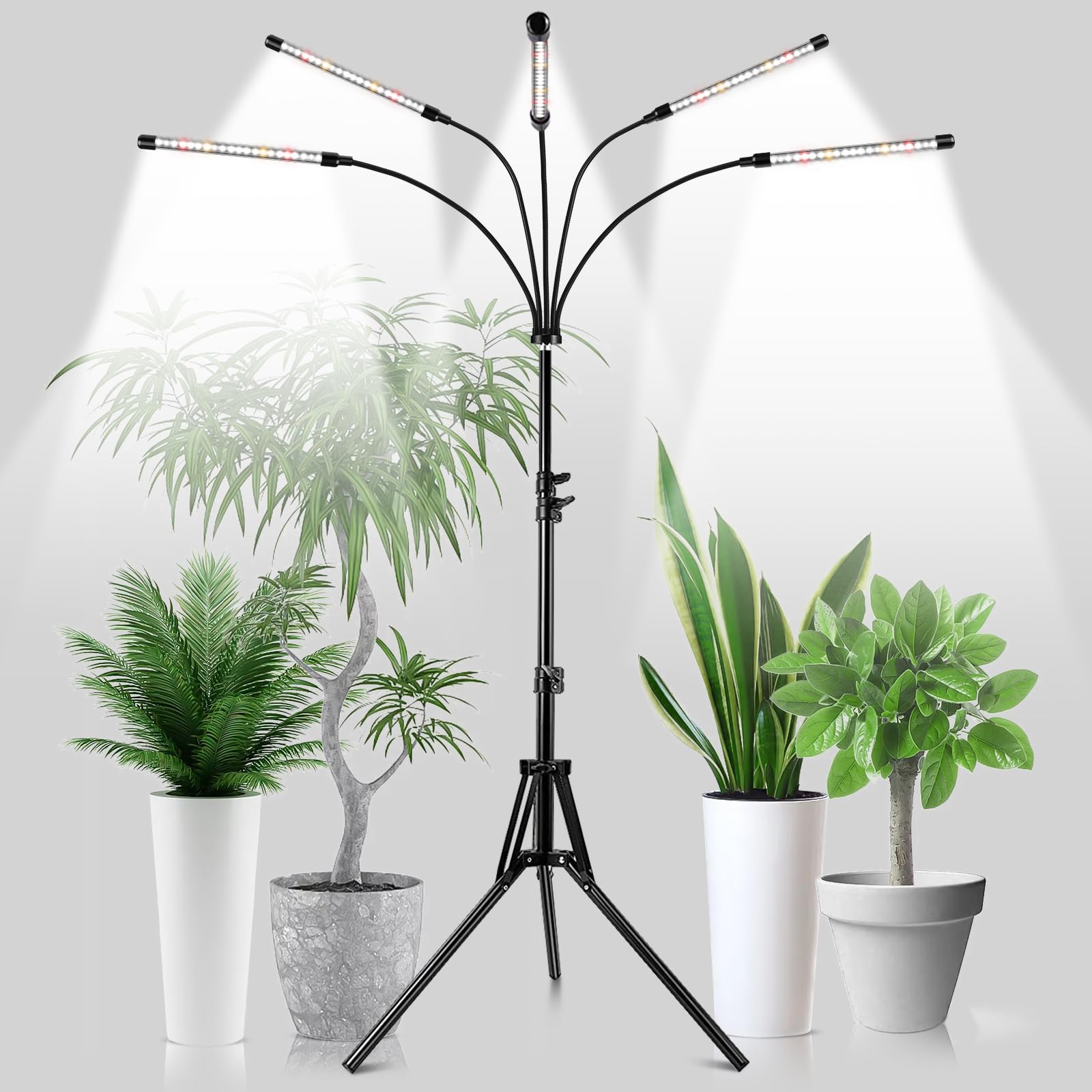 Garpsen front view of tripod grow light showing stable base and five heads for even coverage