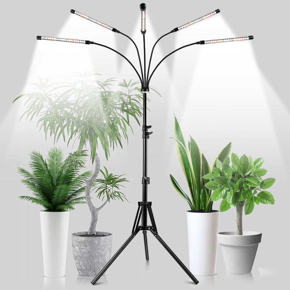 Garpsen front view of tripod grow light showing stable base and five heads for even coverage