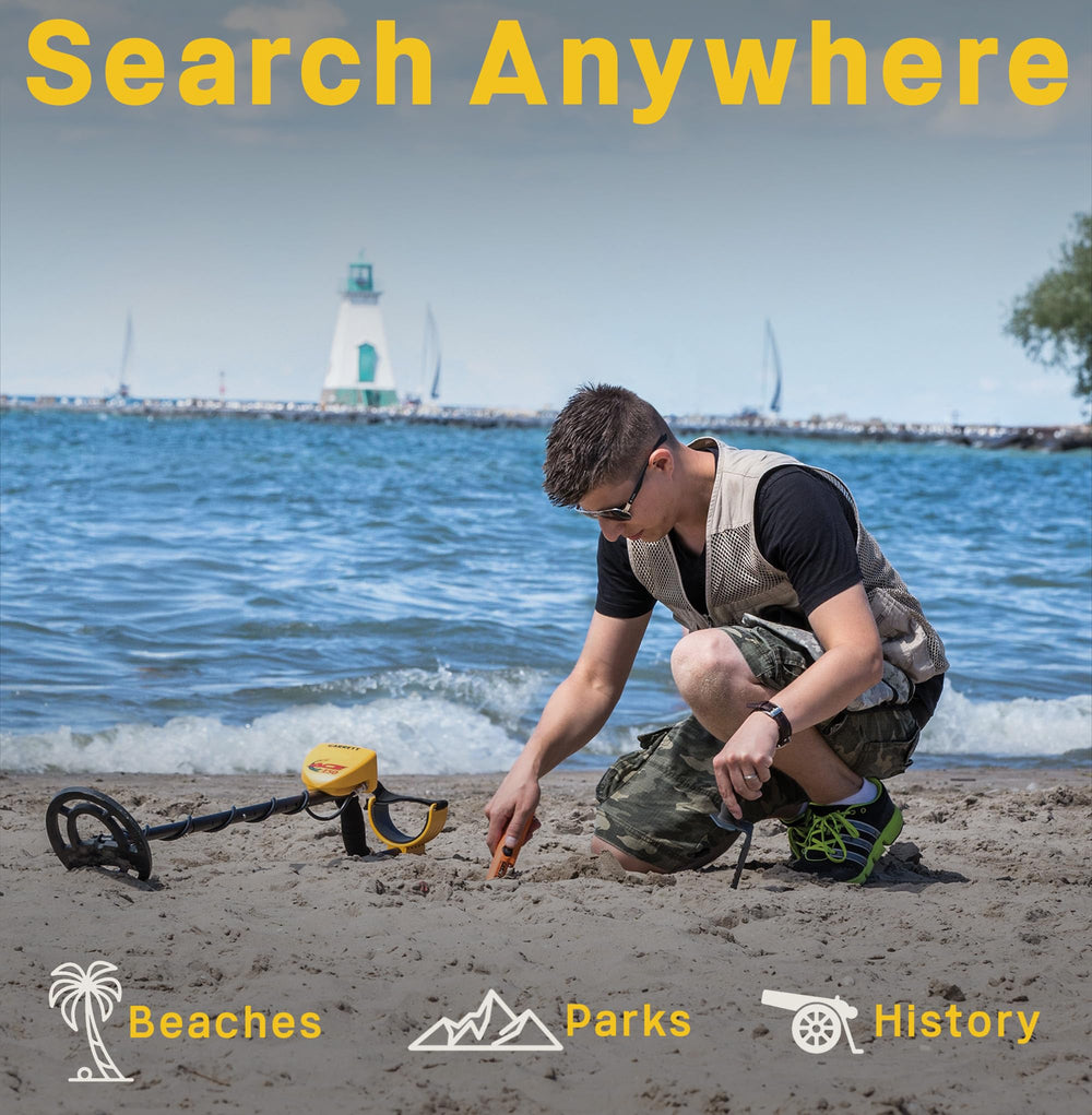 Garrett Ace 250 detecting on a beach demonstrating wet-sand and shallow-water use