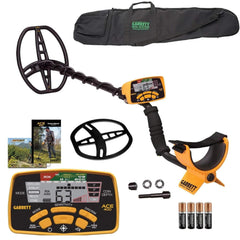 Garrett ACE 400 front view showing detector profile and included bag for easy transport