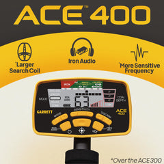 Garrett ACE 400 searchcoil top view highlighting coil shape and build for accurate detection