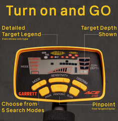 Garrett ACE 250 control panel closeup highlighting simple controls benefit