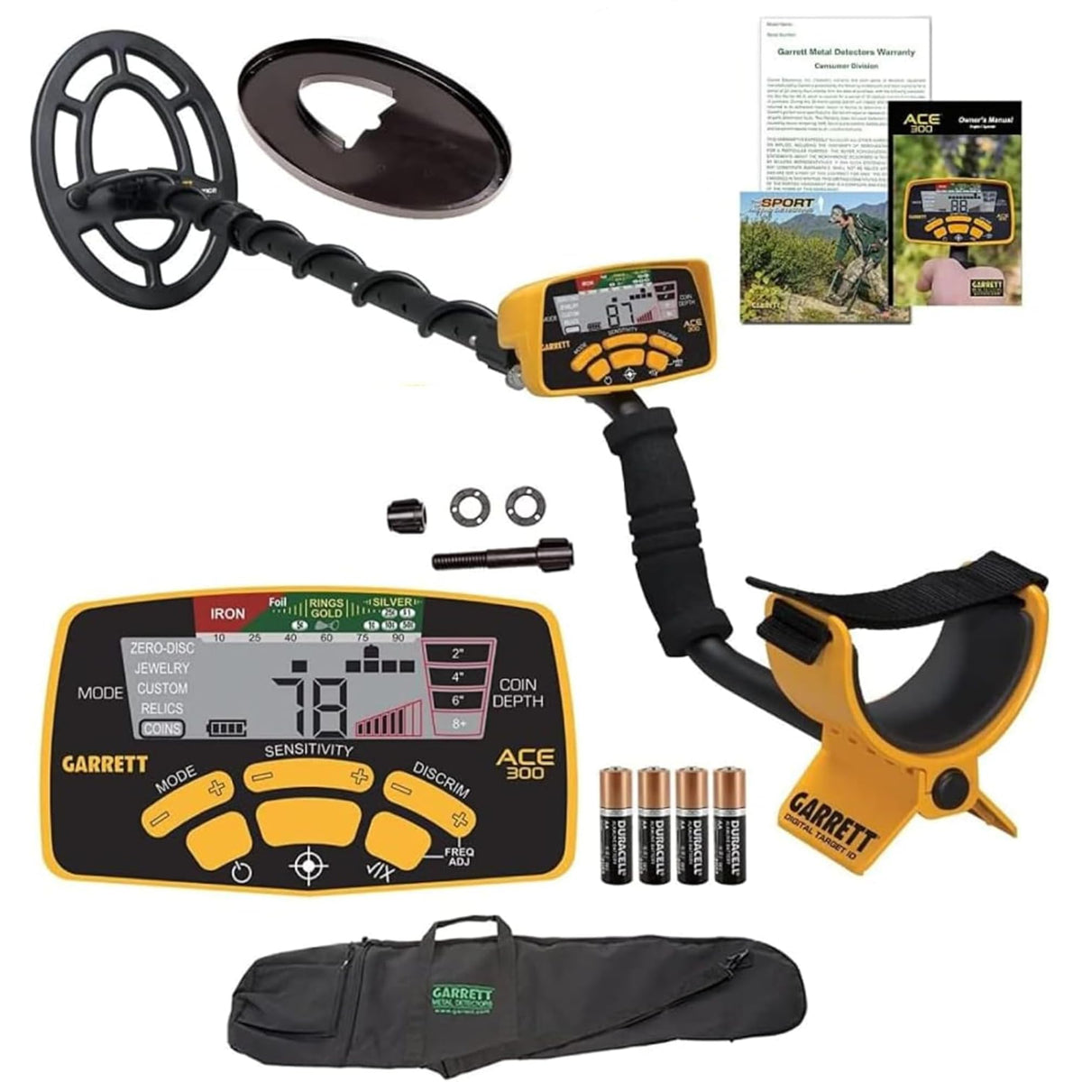 Garrett ACE 300 front view showing full detector and stem for portability and balance