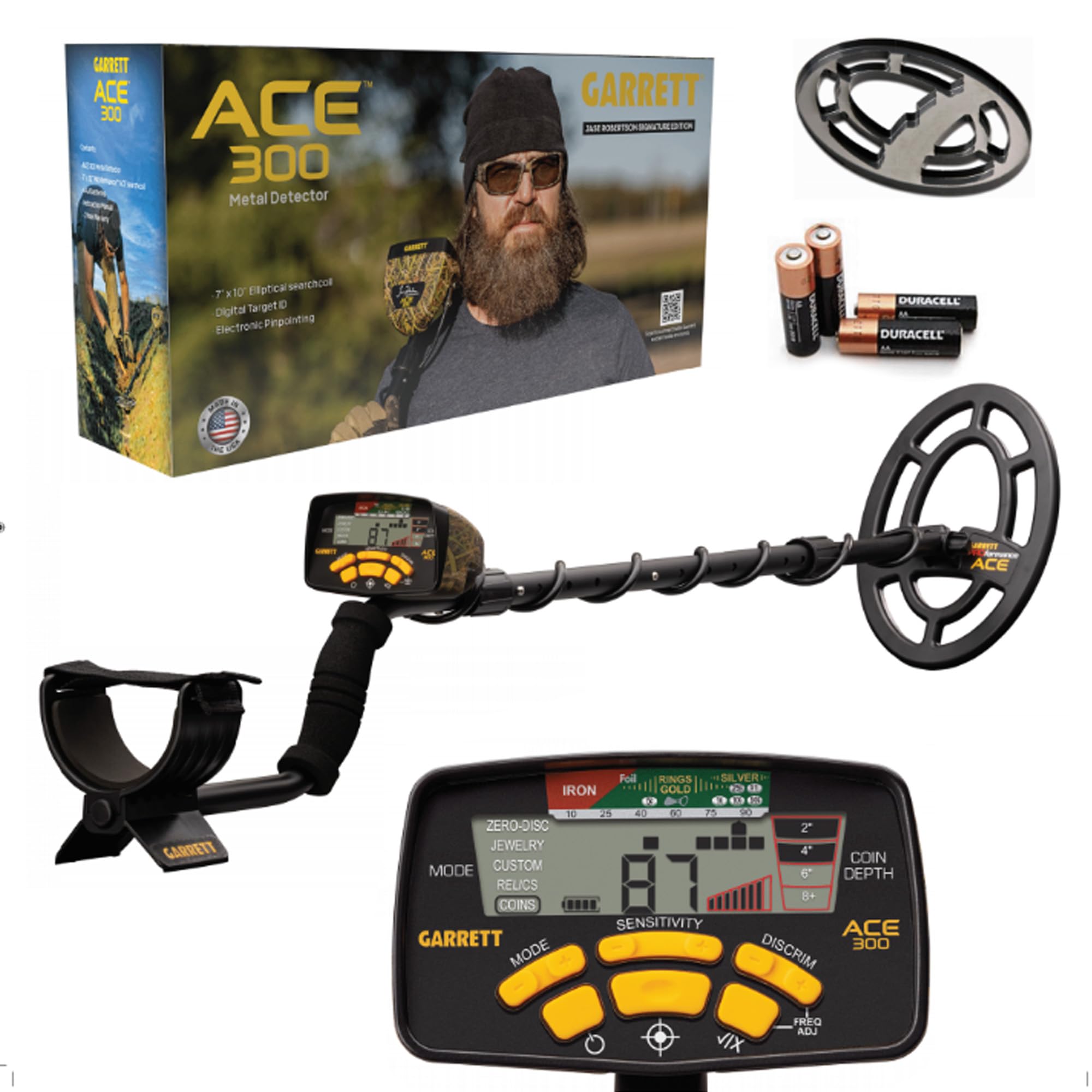 Garrett ACE 300 front profile showing full detector and camo finish for outdoor blending