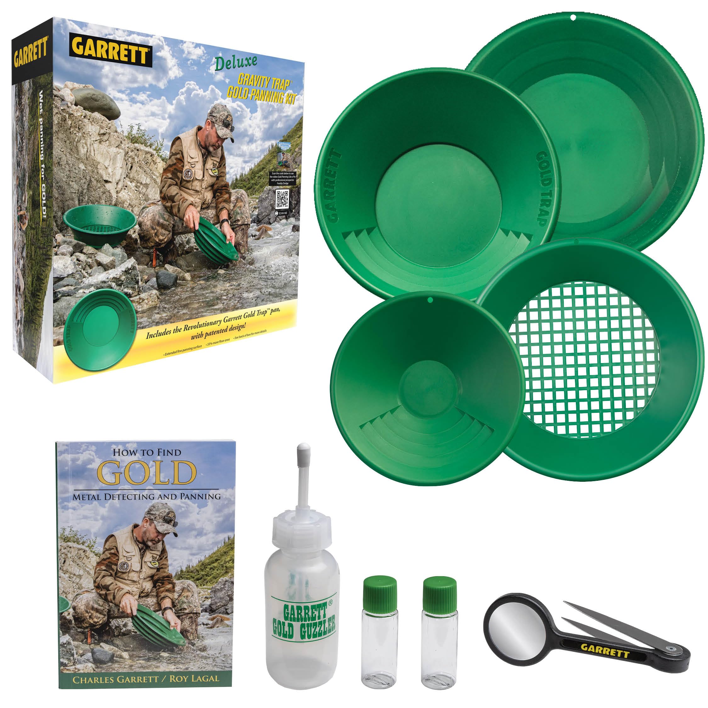 Garrett front packaging of the deluxe green 9-piece kit showing included tools and benefit of organized setup