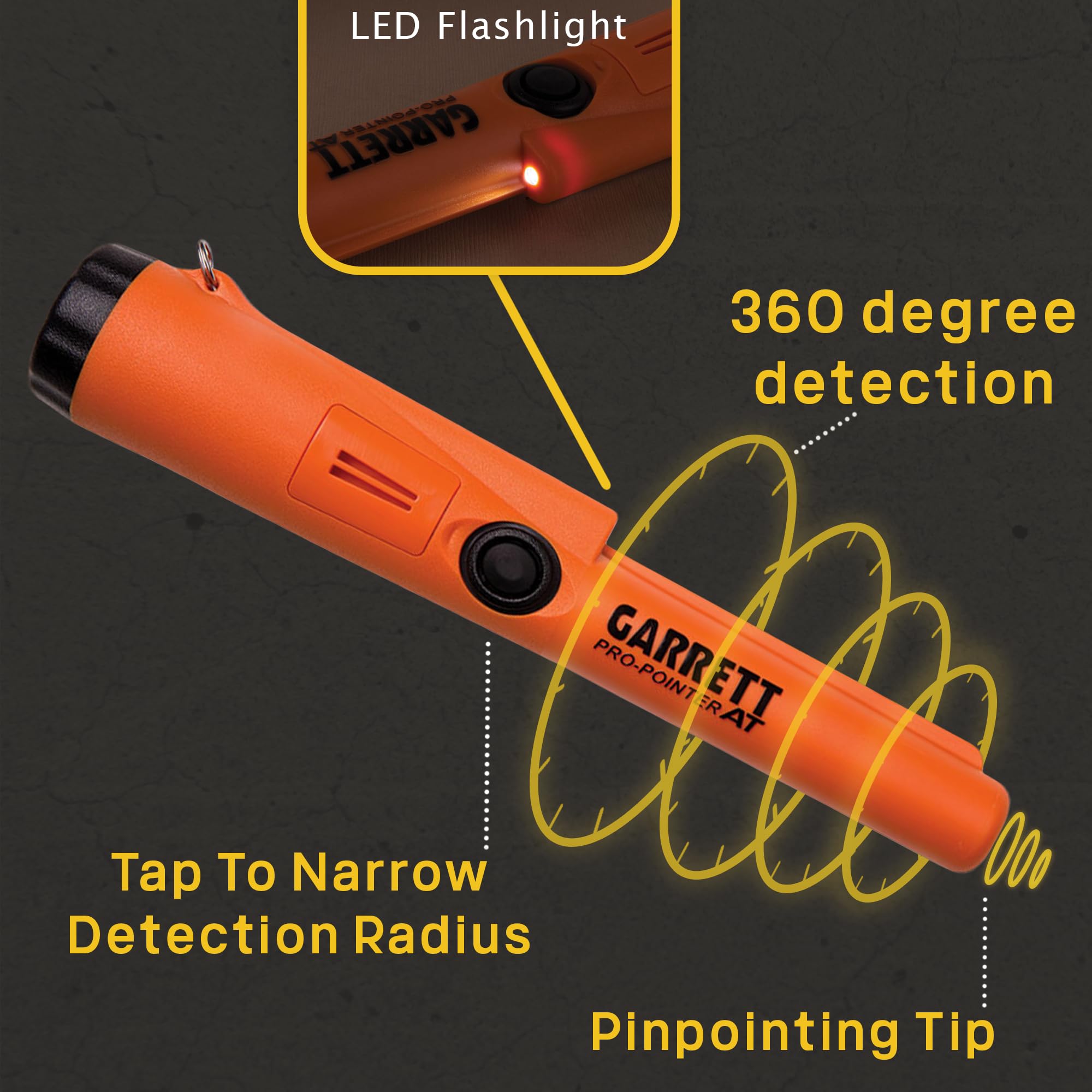 Garrett Pro-Pointer AT controls and 9V battery detail showing one-button ease and ready-to-use power benefit
