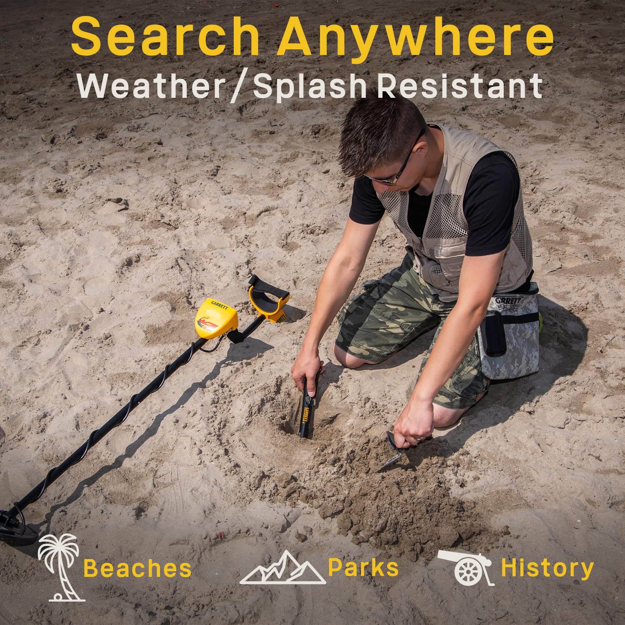 Garrett Pro-Pointer II used on sandy beach demonstrating saltwater-ready performance