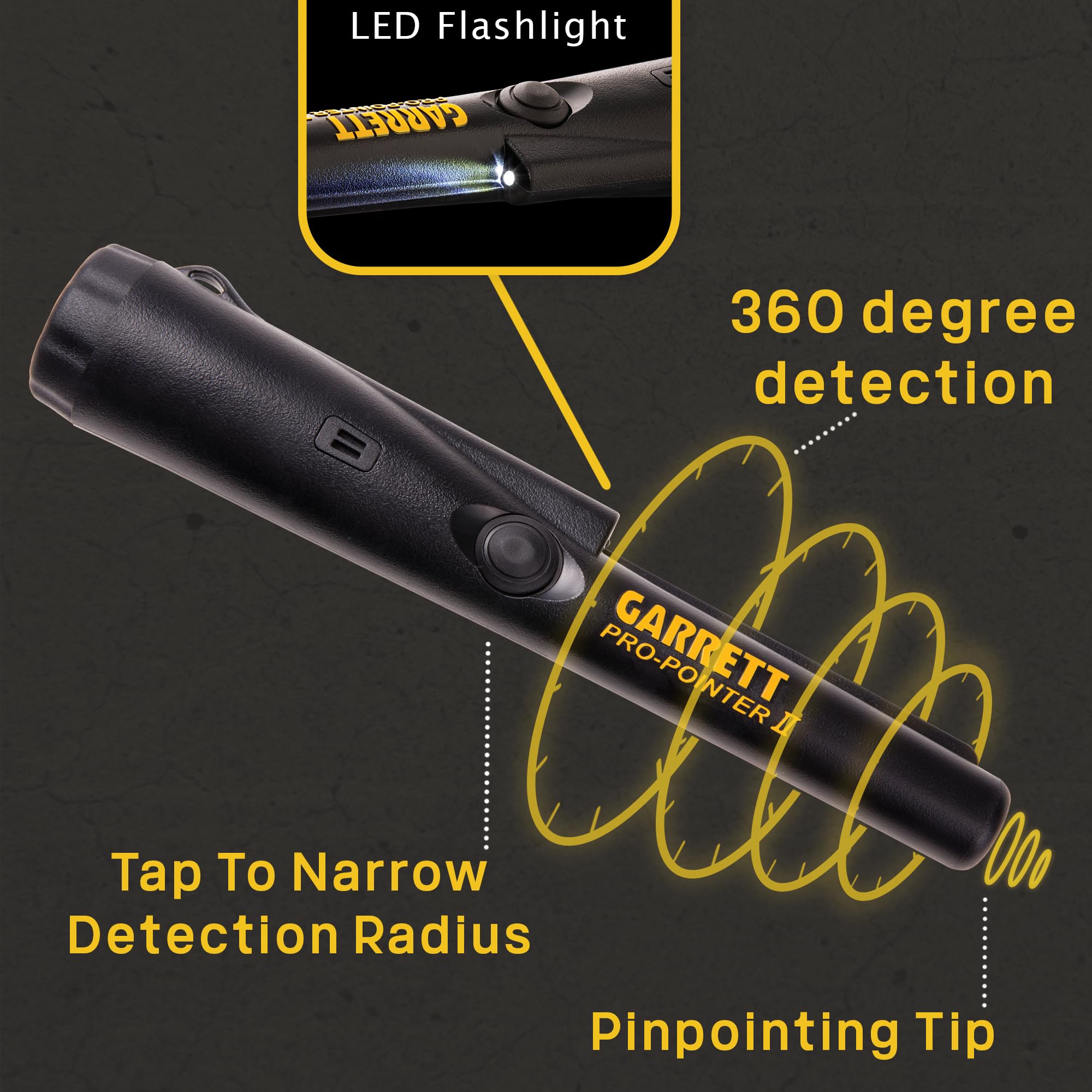 Garrett Pro-Pointer II controls close-up showing retune and feedback for accuracy
