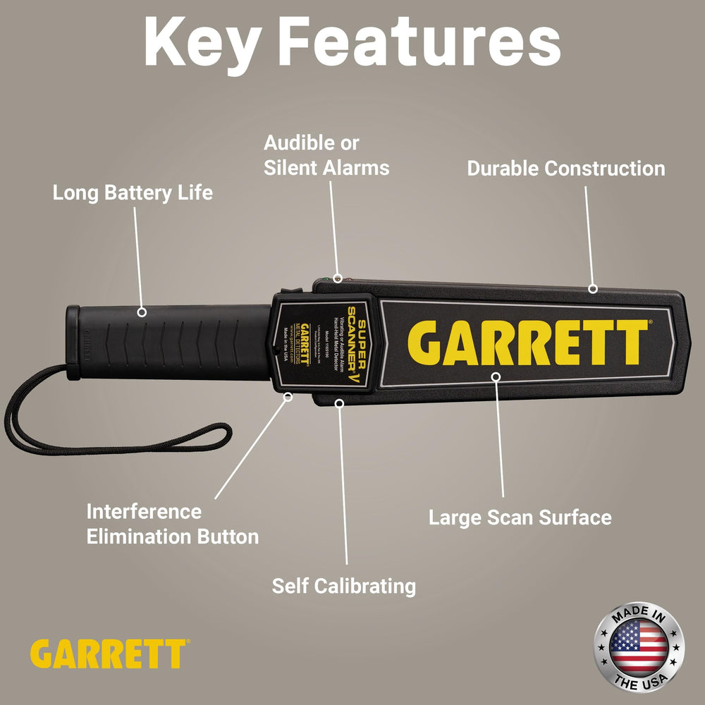 Garrett Super Scanner V held next to a hand showing scale and comfortable ergonomic grip