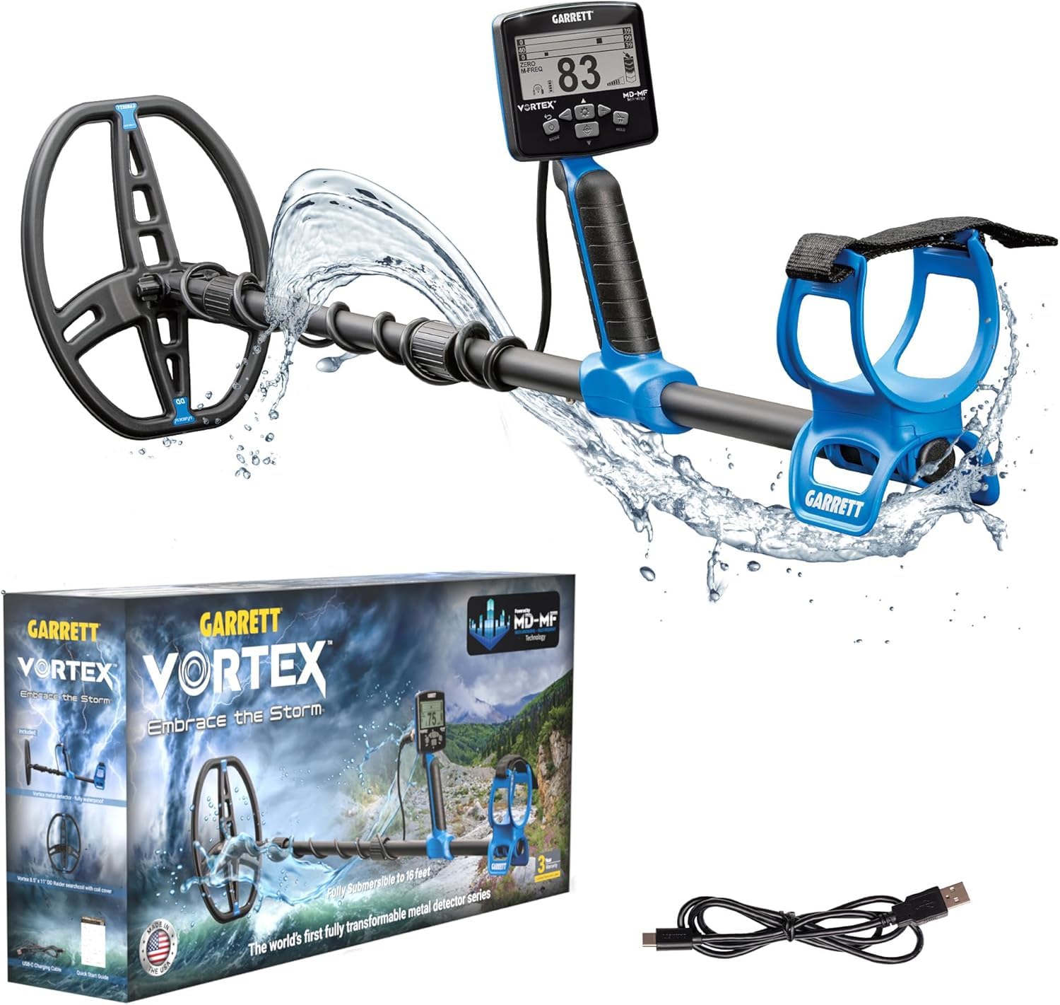 Garrett Vortex VX9 front view showing ergonomic shaft and lightweight design benefit
