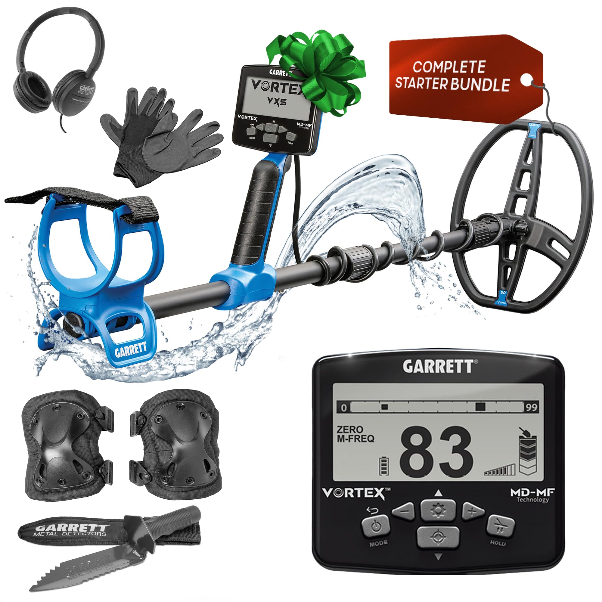 Garrett Vortex VX5 front view showing detector and coil, clear field-ready benefit