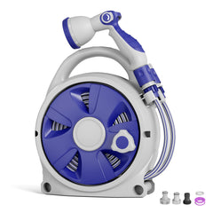 Garriotec front view of reel showing compact housing and tidy stored hose, saves space