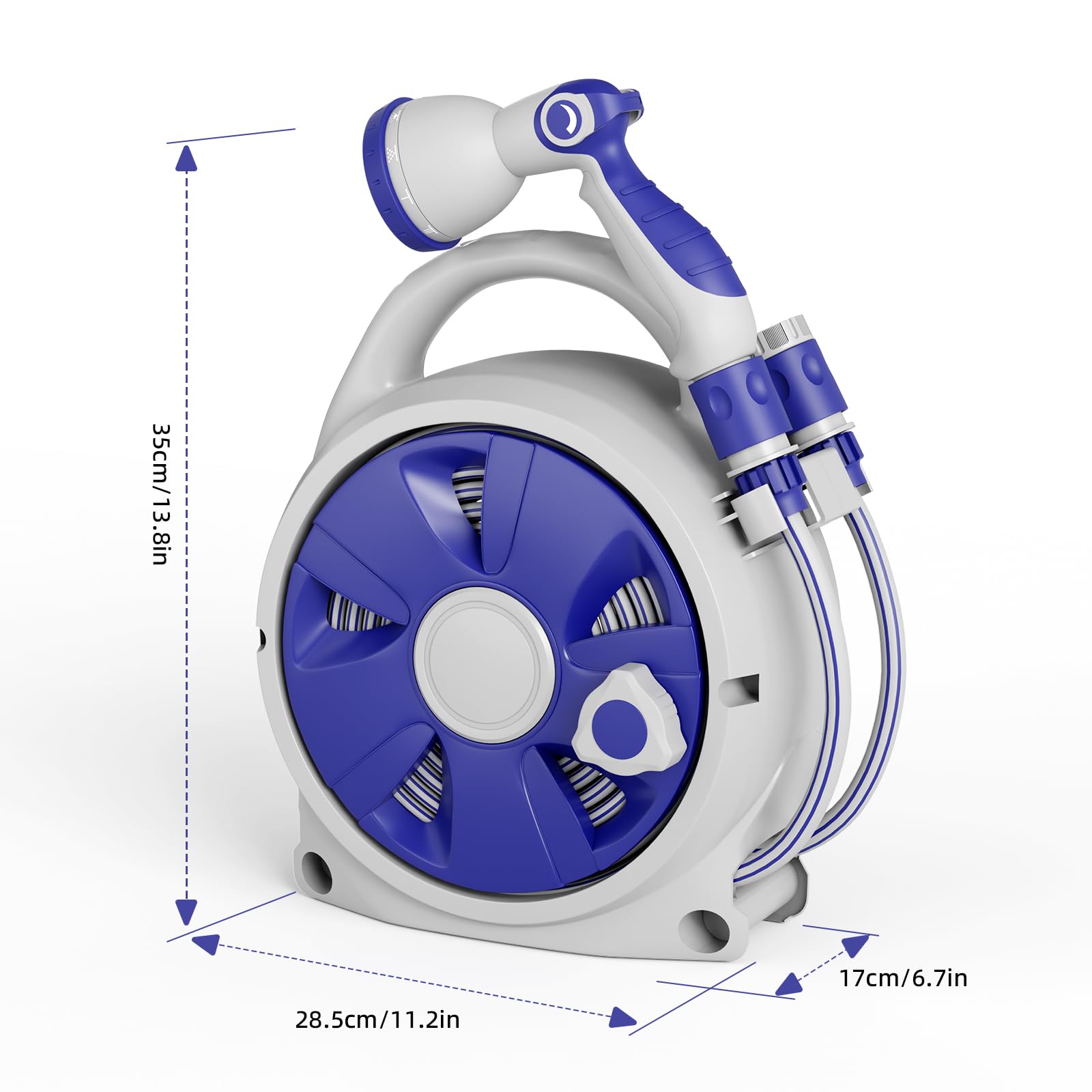 Garriotec size comparison next to garden tools showing lightweight portability and scale