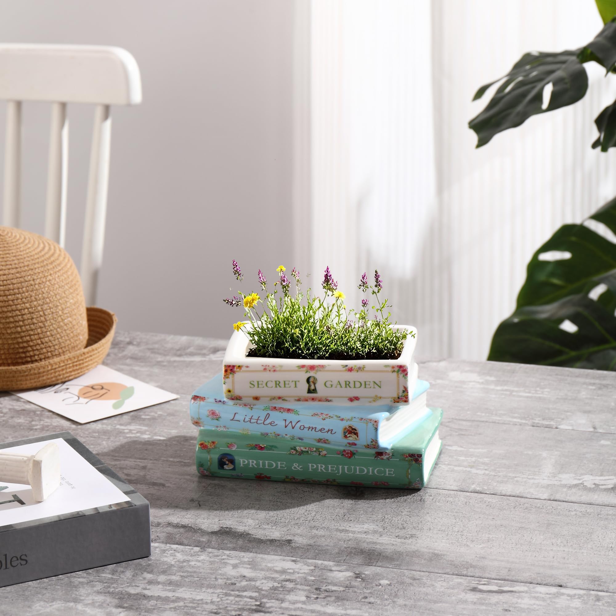 Garsheon planter next to a ruler and book to show compact size and fit on shelves