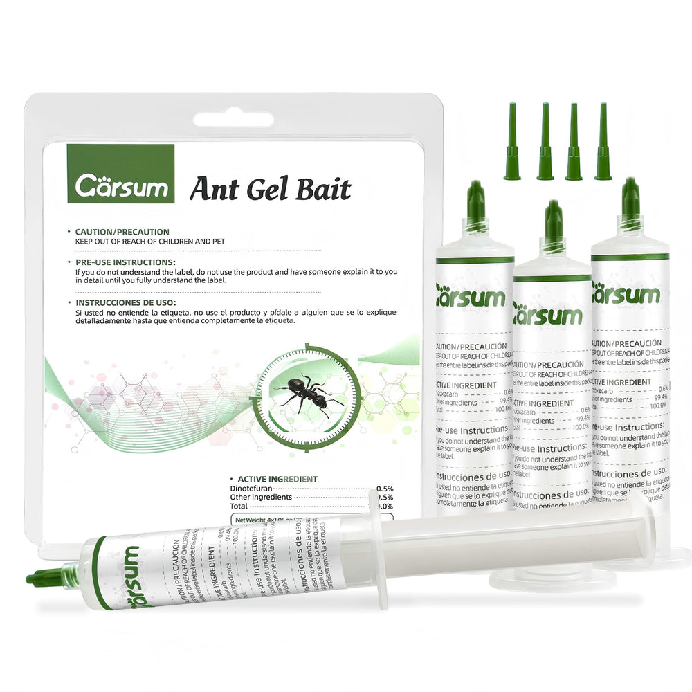 Garsum front packaging showing four 30g ant gel tubes for reliable control