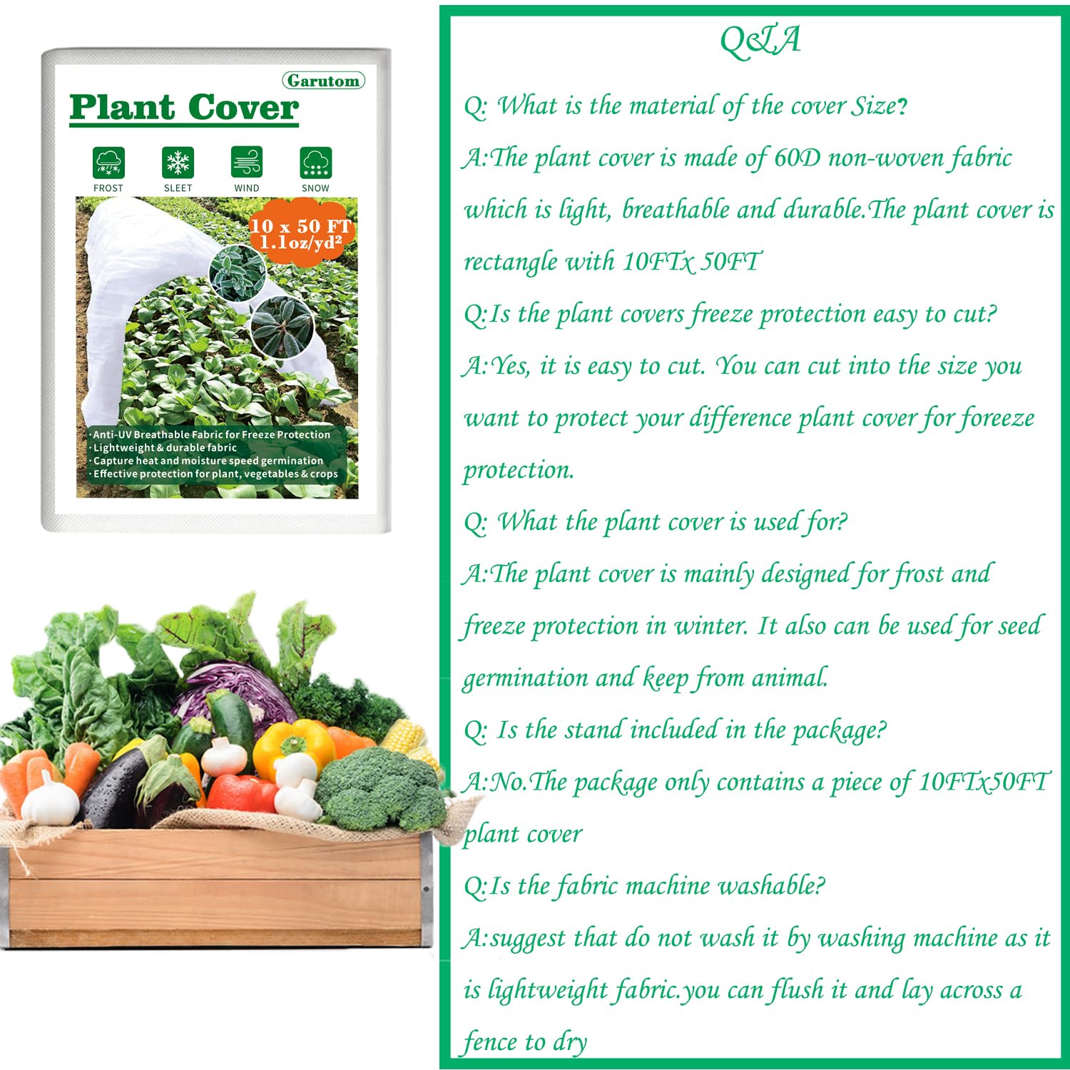 Garutom folded plant cover with label highlighting easy storage and reuse advantage