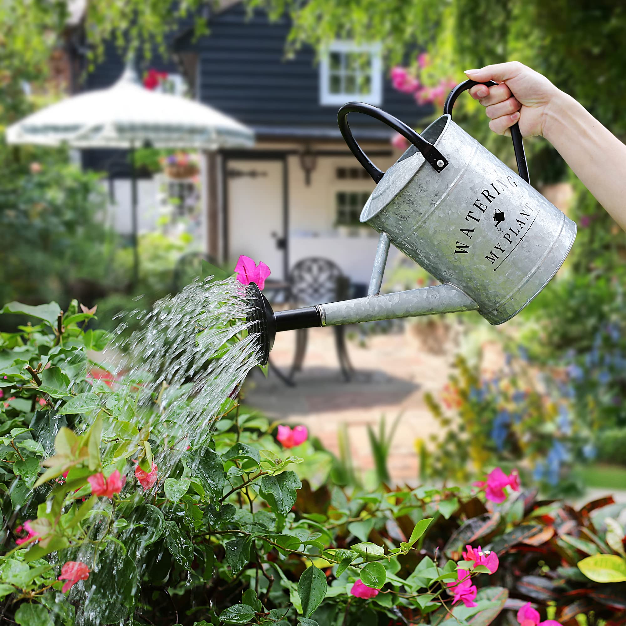 Garutom watering hanging plants demonstrating easy reach and gentle shower