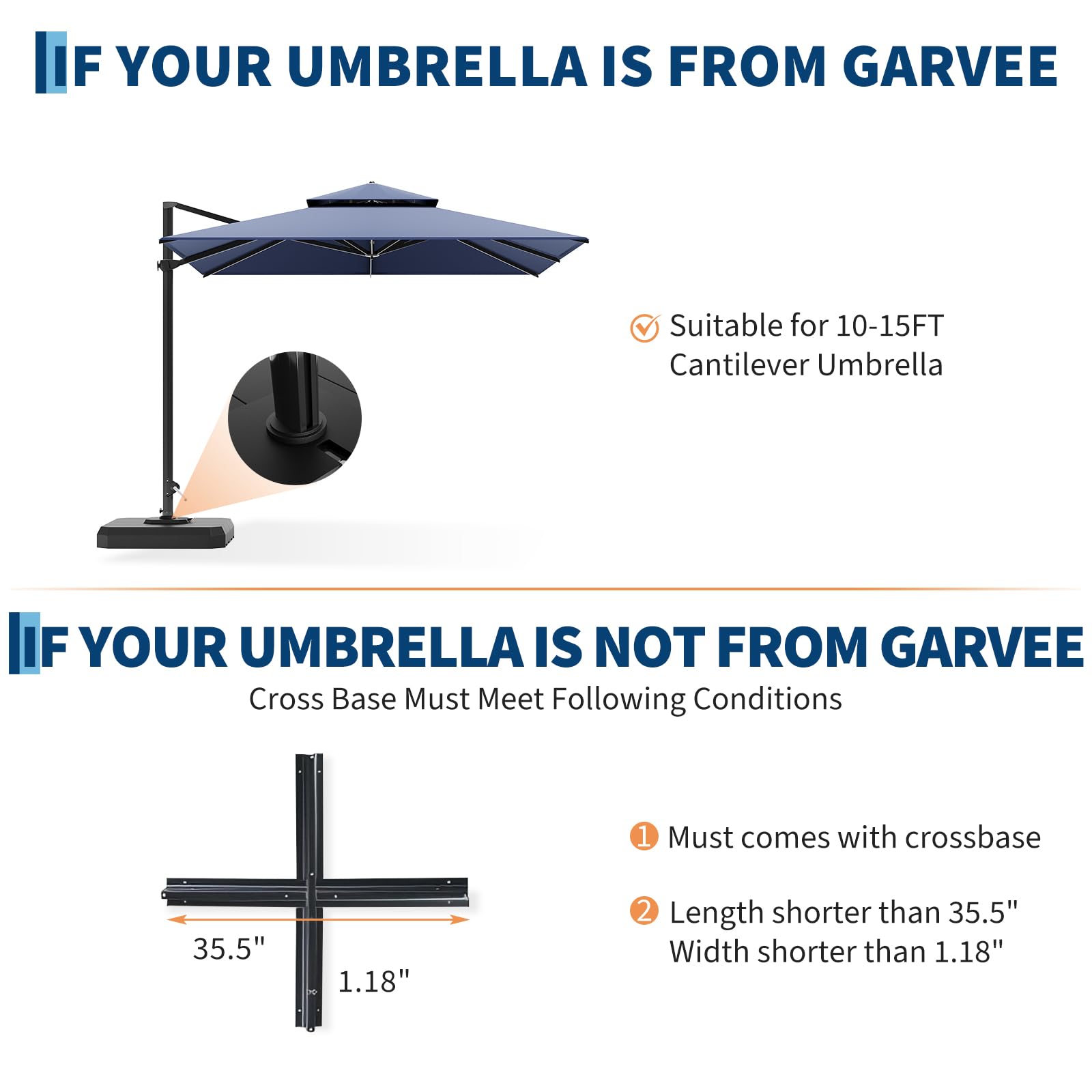 Garvee assembled base supporting a cantilever umbrella demonstrating secure outdoor use