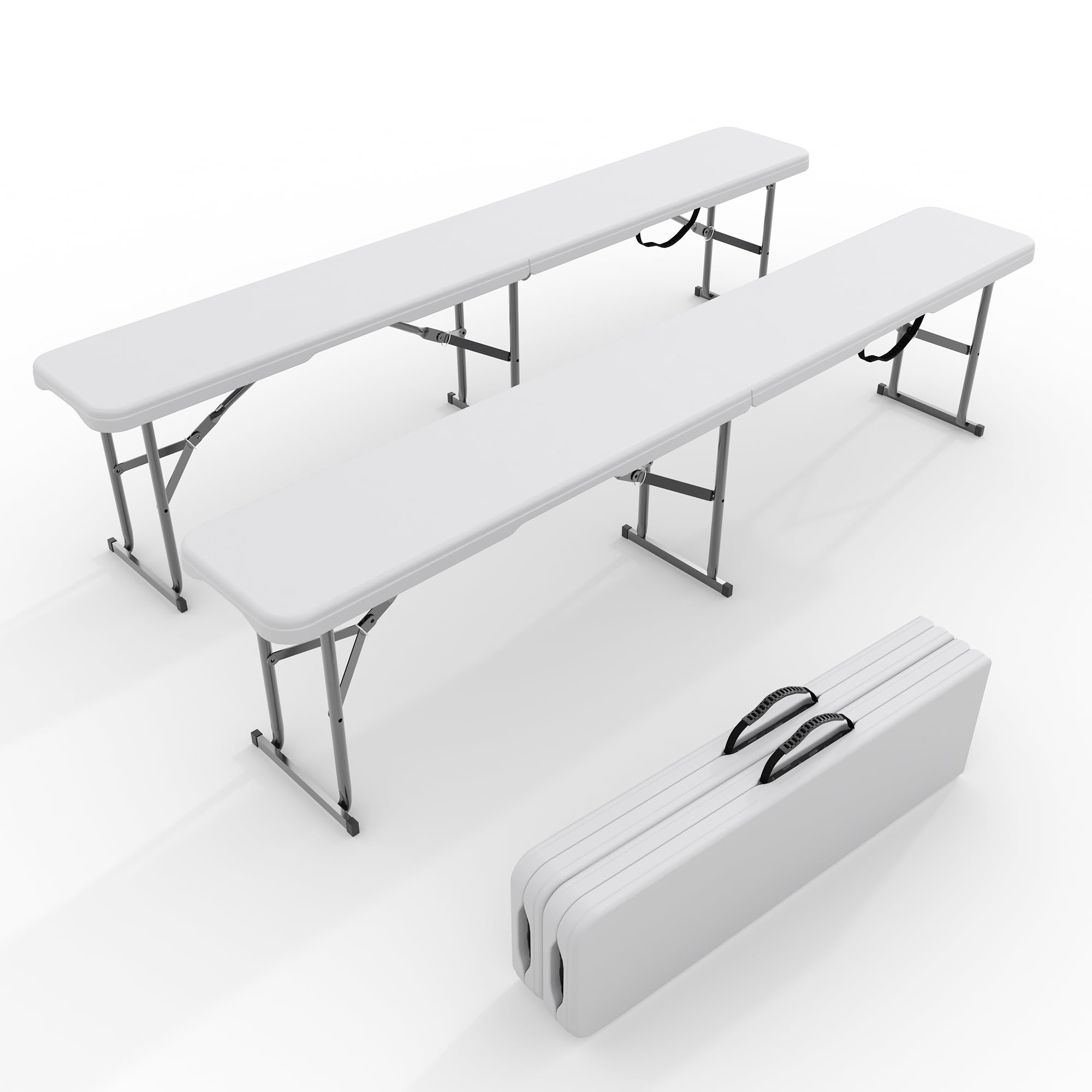 Garvee front view of bench set showing sturdy seating and portable design