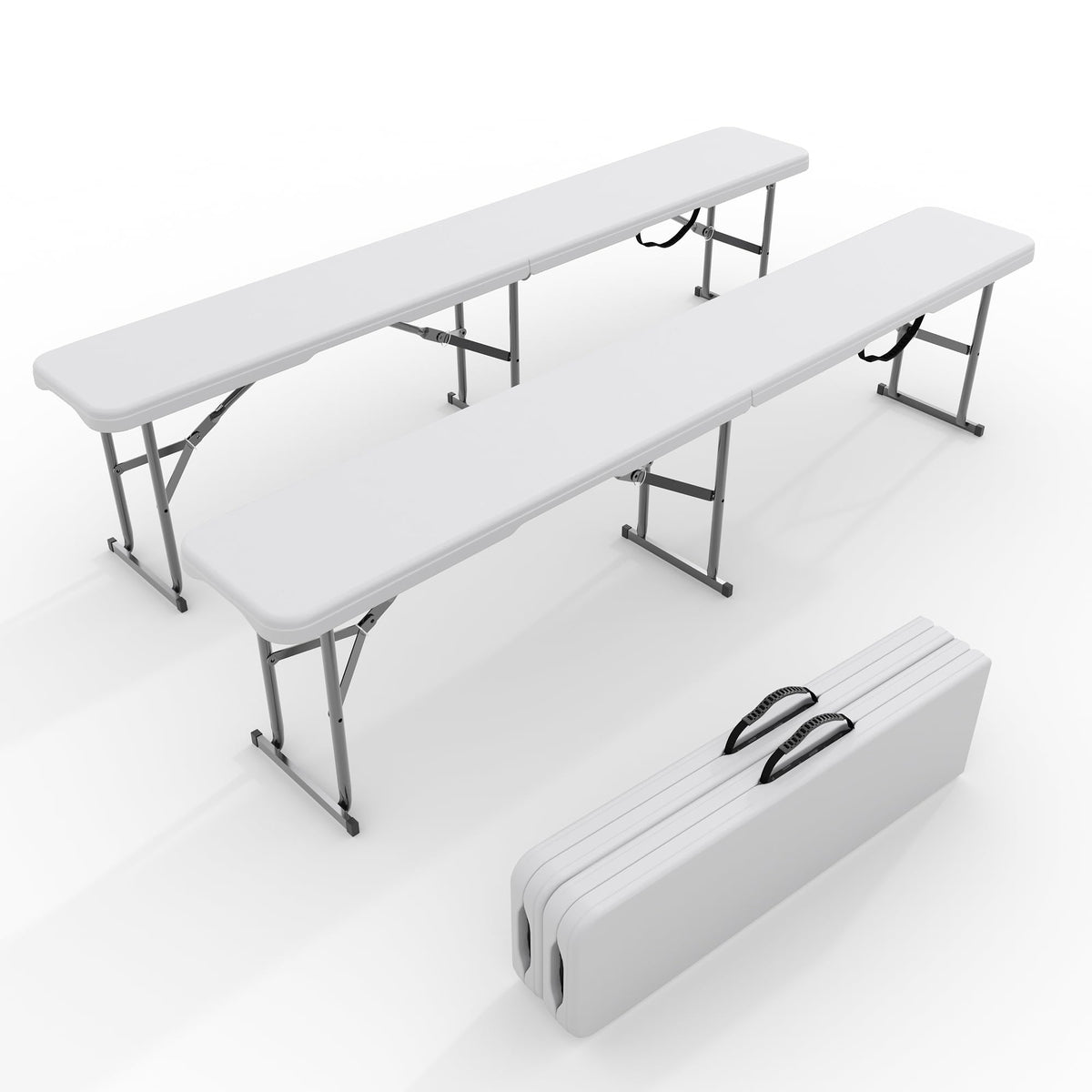 Garvee front view of bench set showing sturdy seating and portable design