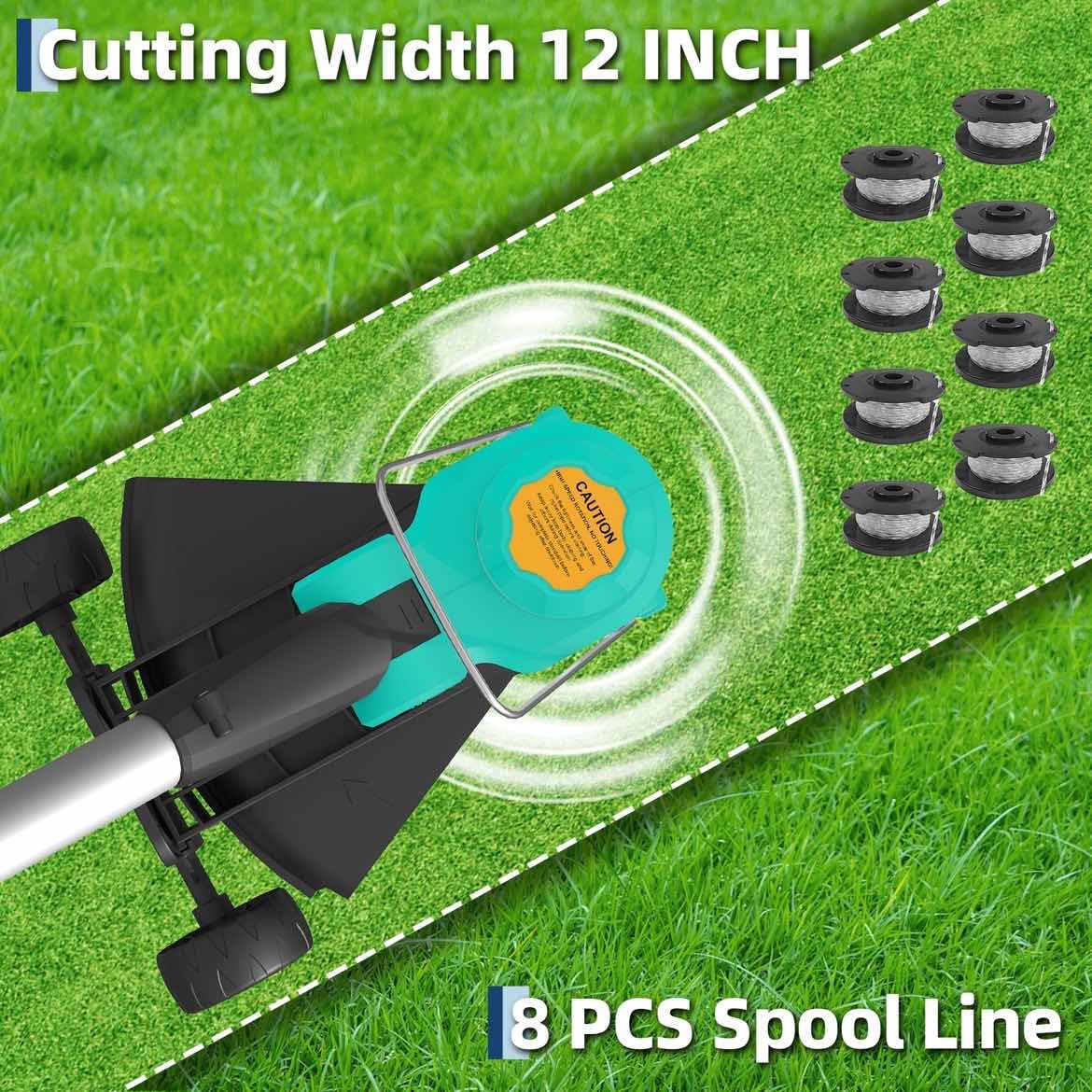Garvee cutting head close-up highlighting 12-inch swath and auto-feed benefit