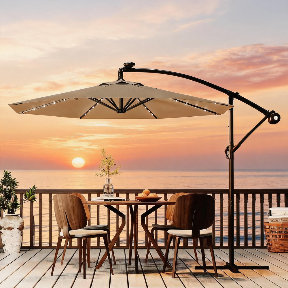 Garvee front angled view showing tan offset umbrella and shaded seating benefit