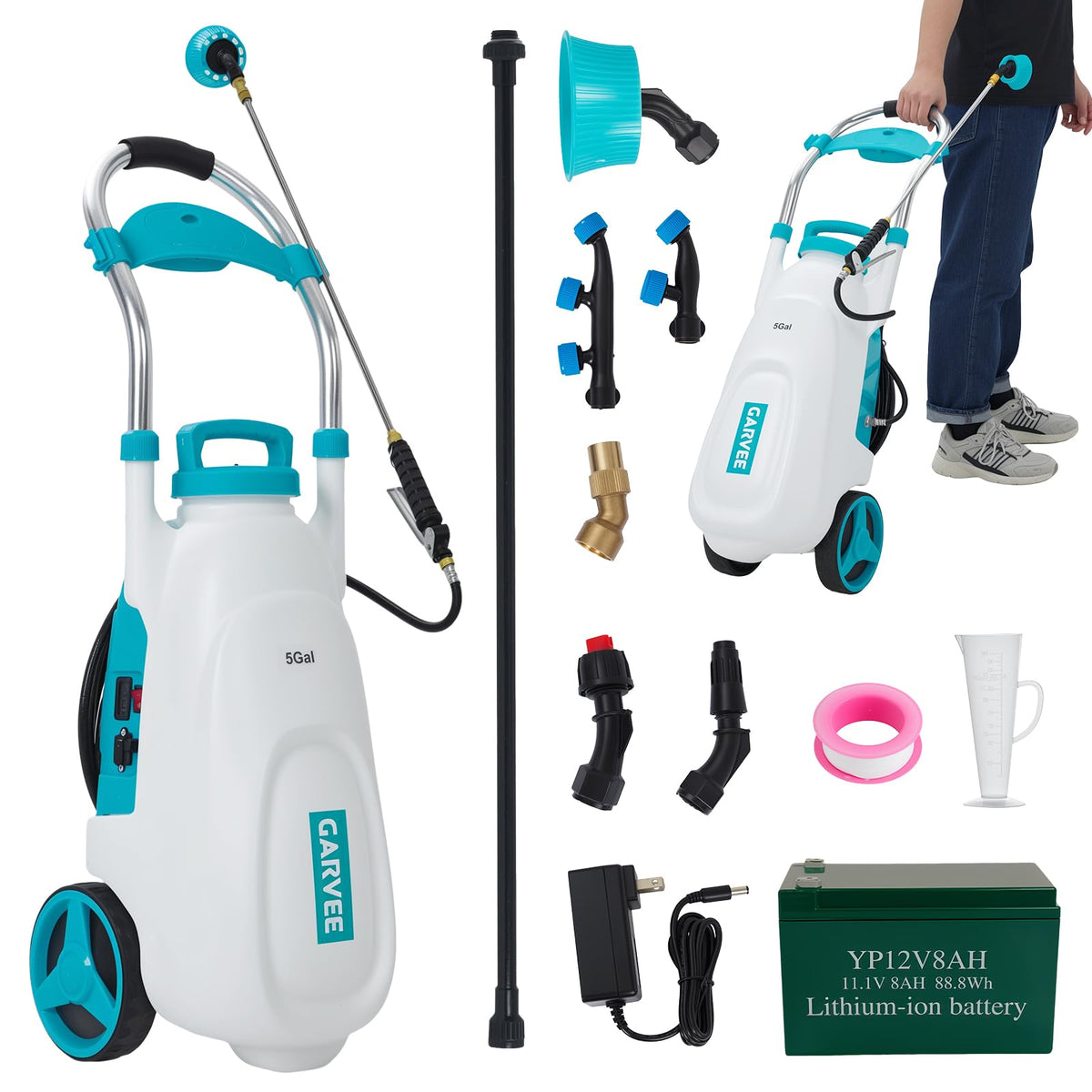 Garvee front packaging showing sprayer and cart for easy transport and storage