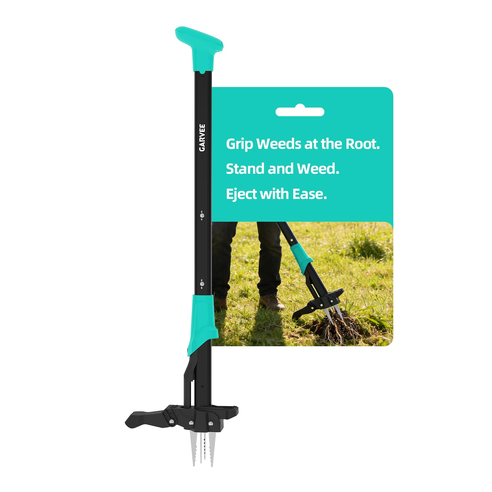 Garvee front view showing full tool and packaging, clear benefits for ergonomic weeding